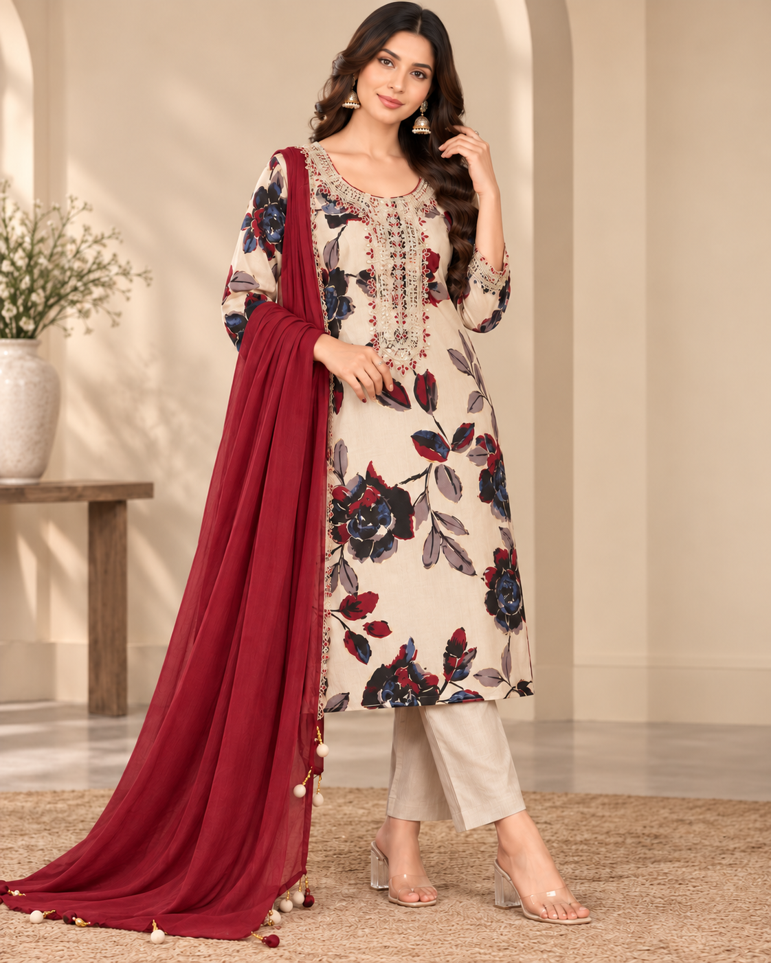 Women’s Floral Printed Ethnic Suit Material with Embroidered Neck Design