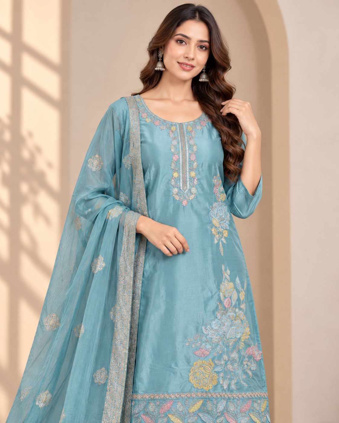 Women Sky Blue Embroidered 3-Piece Suit Set, Floral Embroidery Kurta with Matching Pant & Dupatta