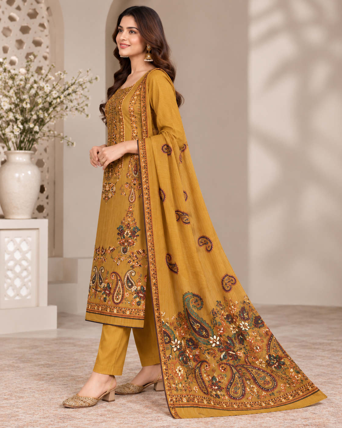 A woman models a mustard yellow ethnic salwar kameez suit with intricate multicolor embroidery and a matching paisley dupatta in a beautifully decorated indoor setting.
