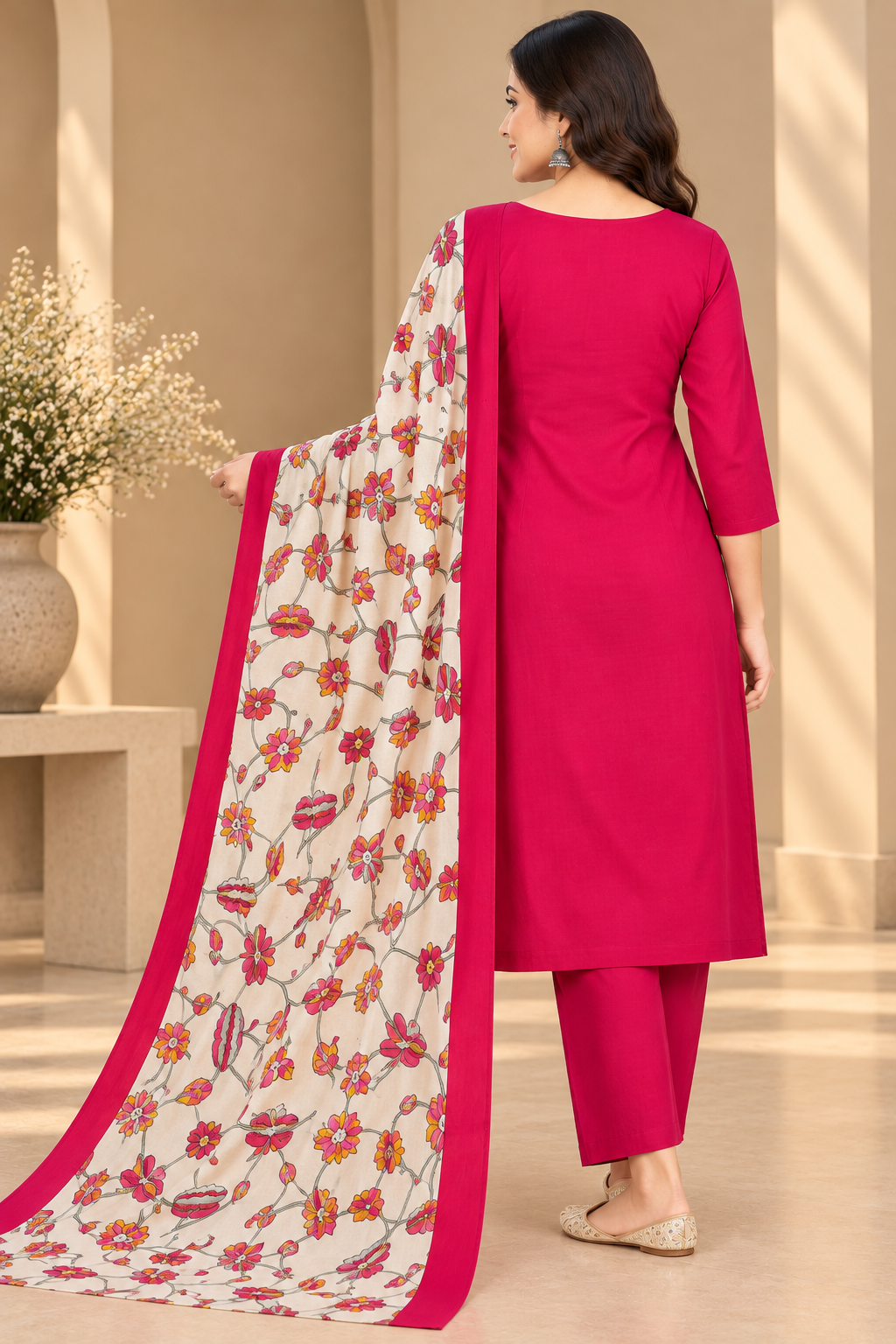 Women’s Rani Pink Printed Ethnic Suit Set with Cream Floral Dupatta, Deer Motif Front Design and Matching Bottom