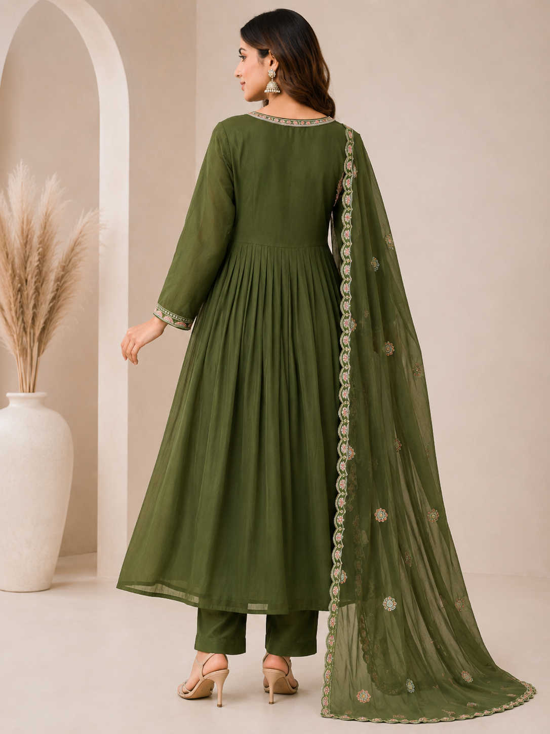 Women’s Olive Green Embroidered Mul Chanderi Alankari Kurta Set with Dupatta