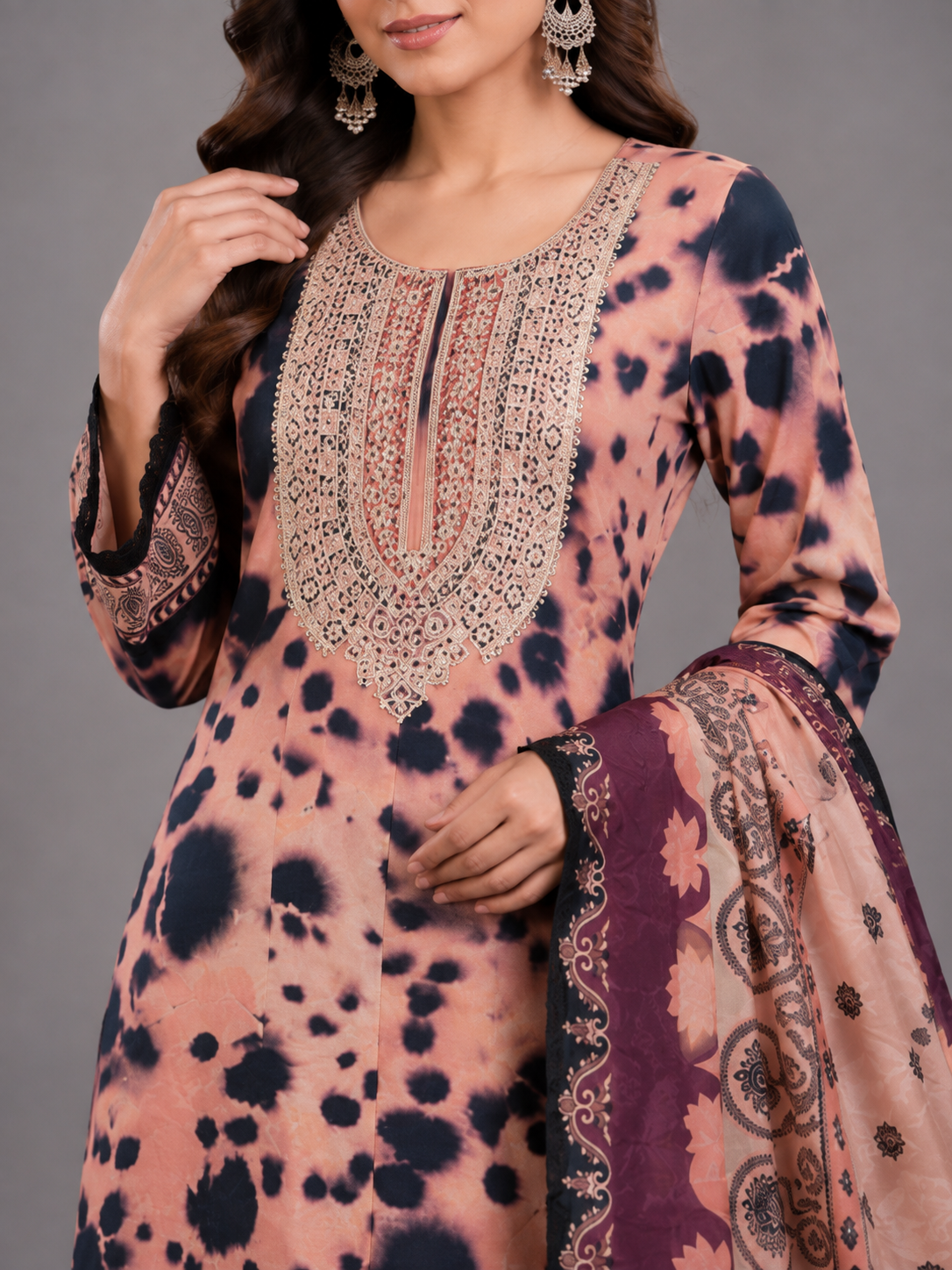 Shibori Print Peach Unstitched Dress Material with Dupatta