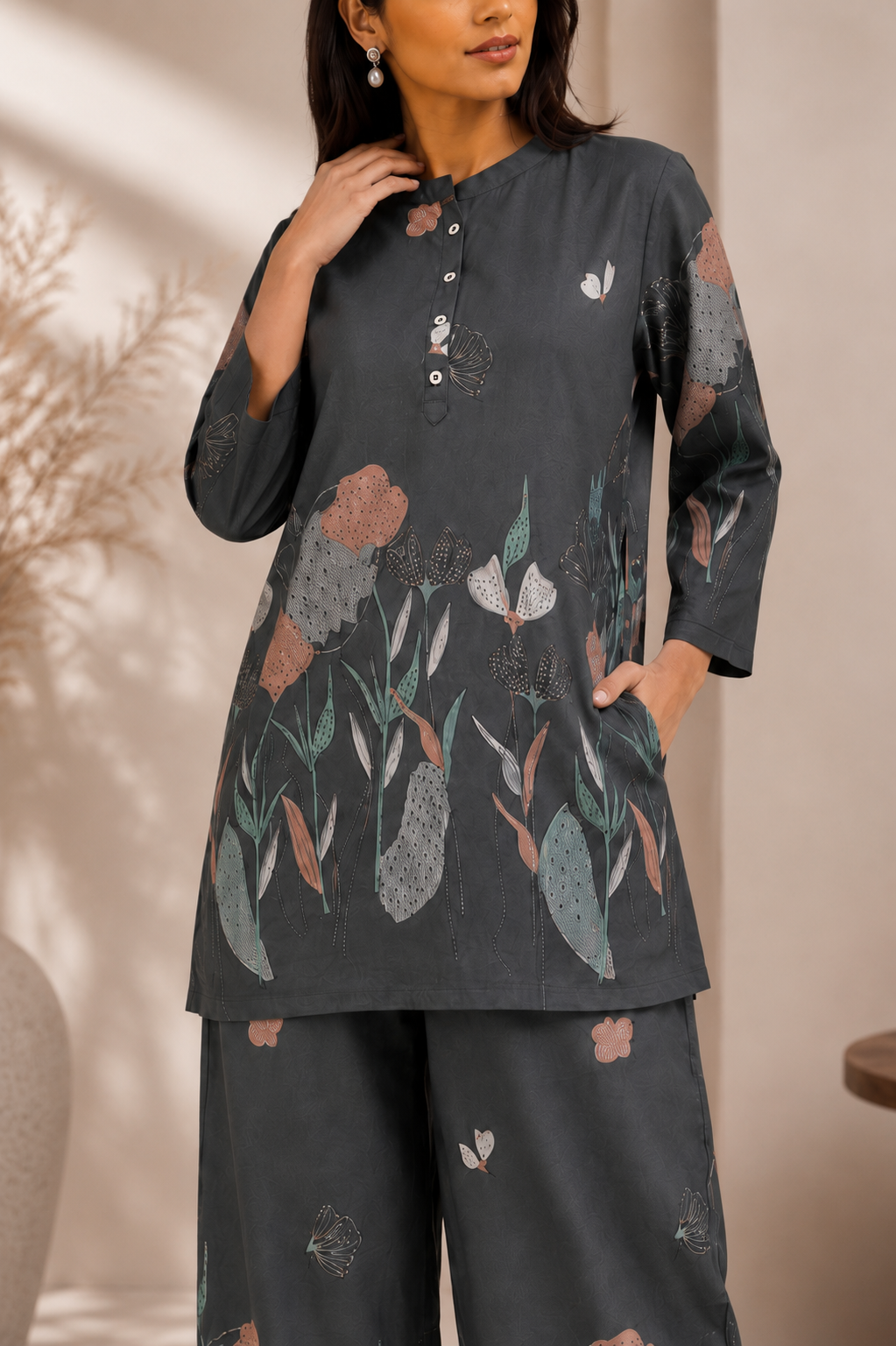 Twilight Garden Premium Viscose Grey Co-ord Set