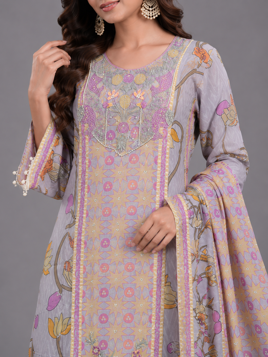 Pastel Lilac & Yellow Printed Unstitched Suit Set