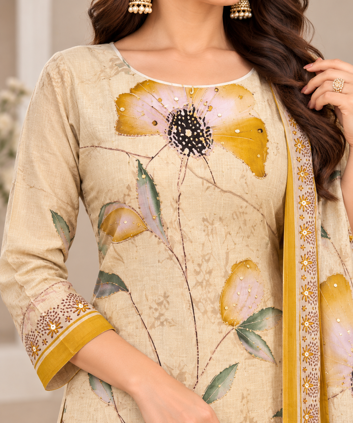 A woman models a traditional Indian salwar kameez suit set in a warm, neutral-toned indoor setting. The set features a cream-colored kurta and trousers with a large yellow and green floral print, a matching dupatta, and gold embroidered borders.