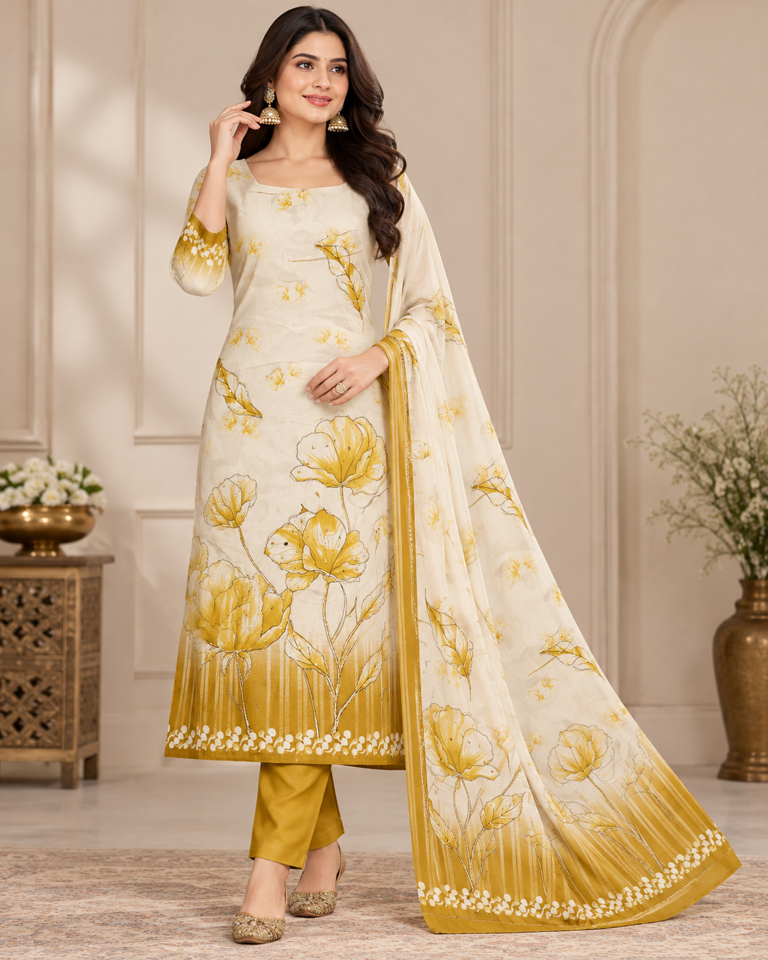 Cream and Mustard Yellow Floral Printed Unstitched Salwar Suit Set with Matching Dupatta for Women