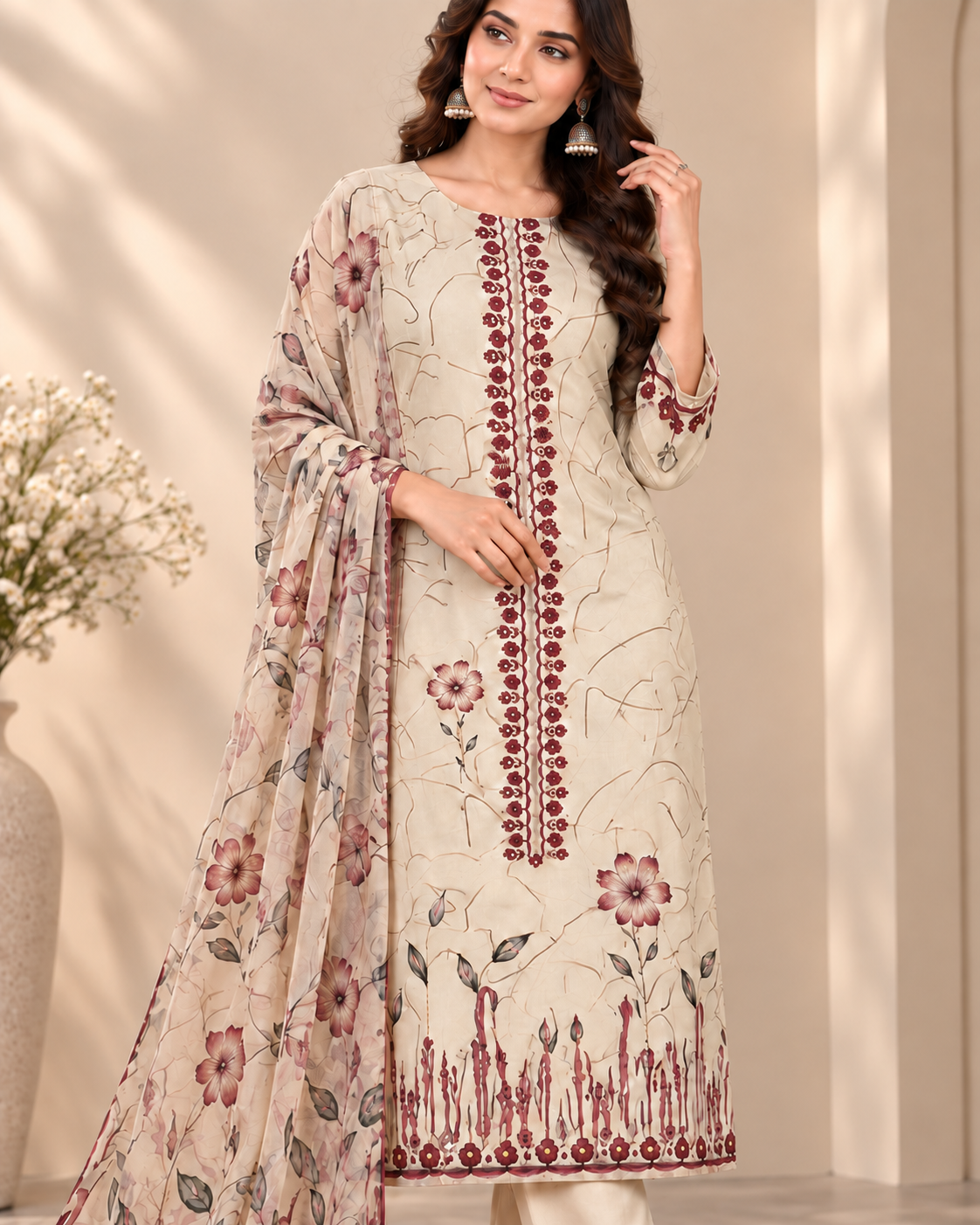 Women’s Cream Floral Printed Suit Fabric with Embroidered Front & Matching Printed Dupatta | Ethnic Dress Material