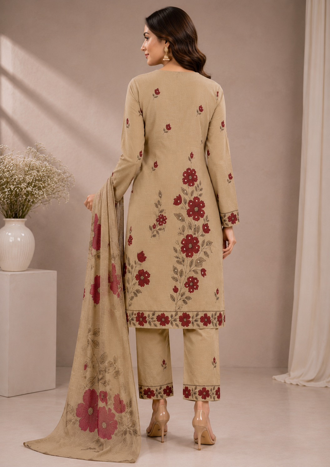 Women’s Beige Floral Printed Jam Satin Unstitched Suit Set with Embroidered Neck, Matching Bottom & Floral Dupatta