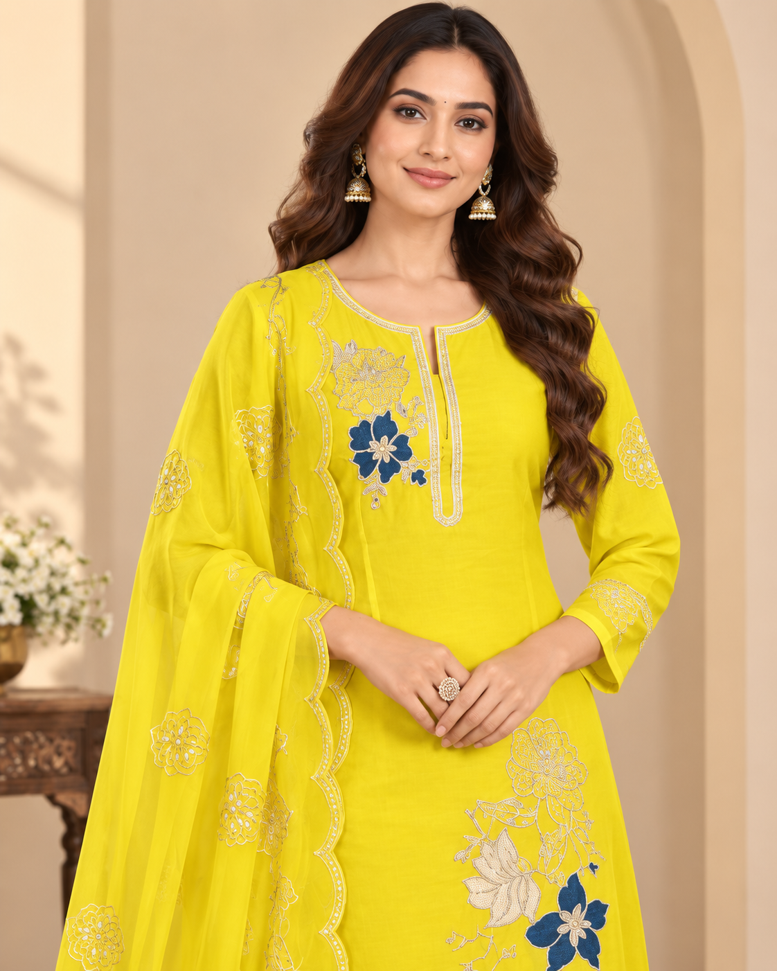 A woman models a bright yellow Indian ethnic salwar kameez suit with blue and white floral embroidery, featuring a matching dupatta, in an indoor setting.