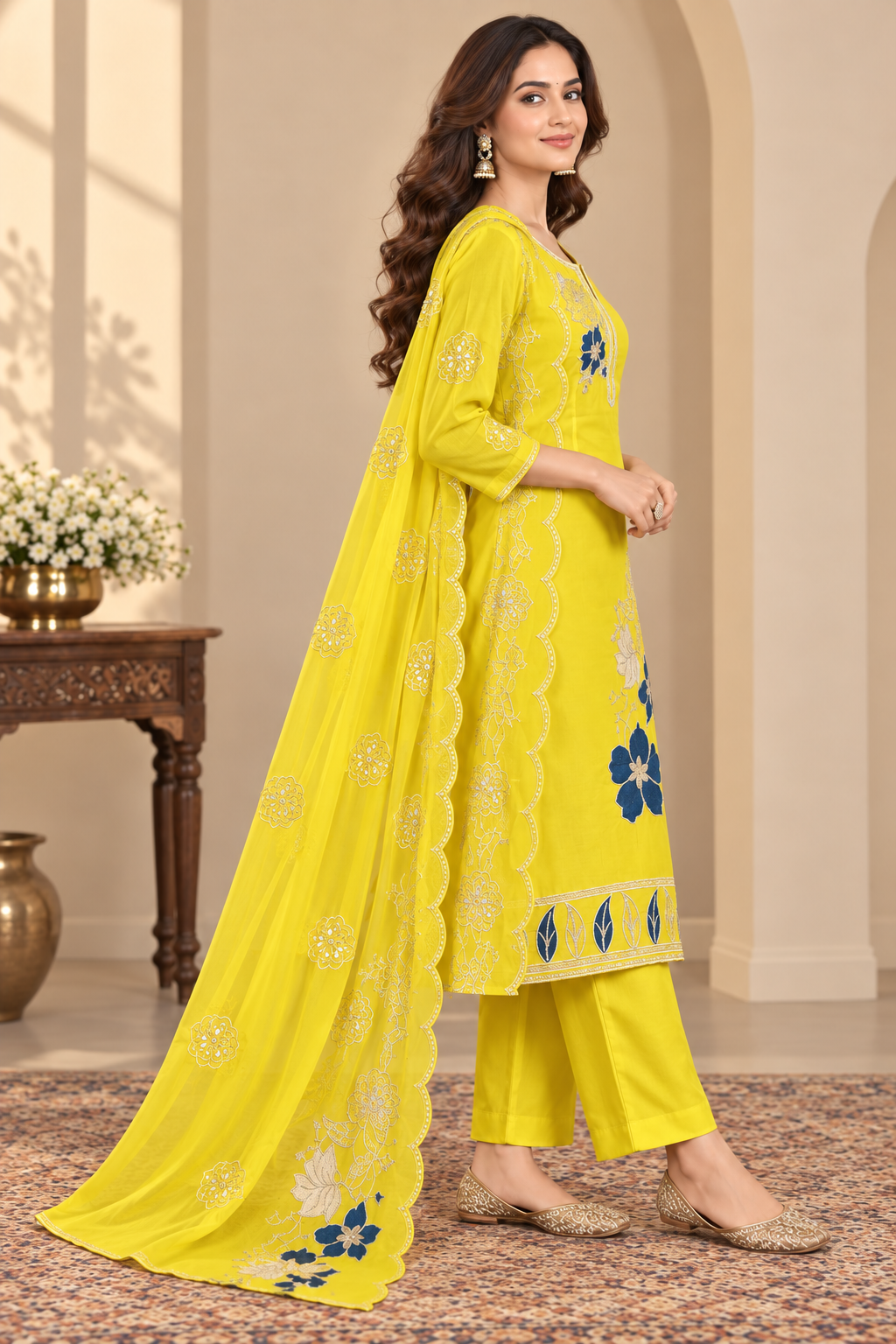 Mustard Yellow Embroidered 3-Piece Suit Set, Floral Embroidery Kurta with Matching Pant & Dupatta