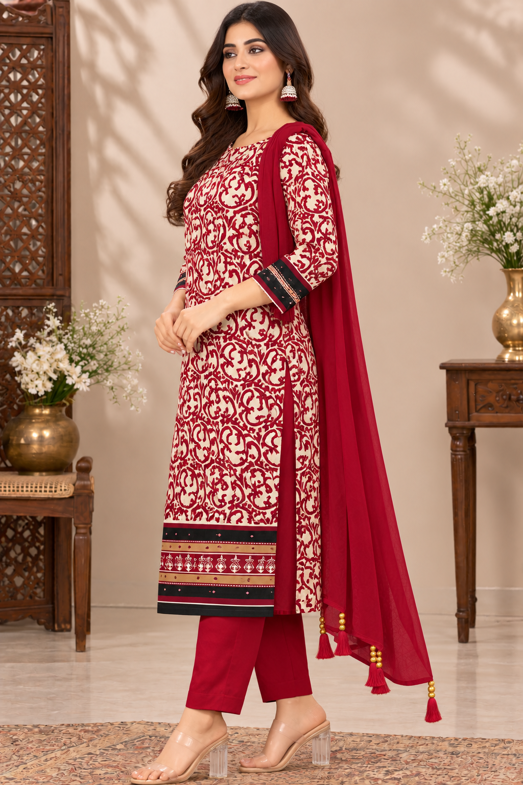 Women’s Cream and Maroon Printed Unstitched Suit Set with Matching Bottom Fabric and Maroon Dupatta | 3 Piece Ethnic Dress Material for Women