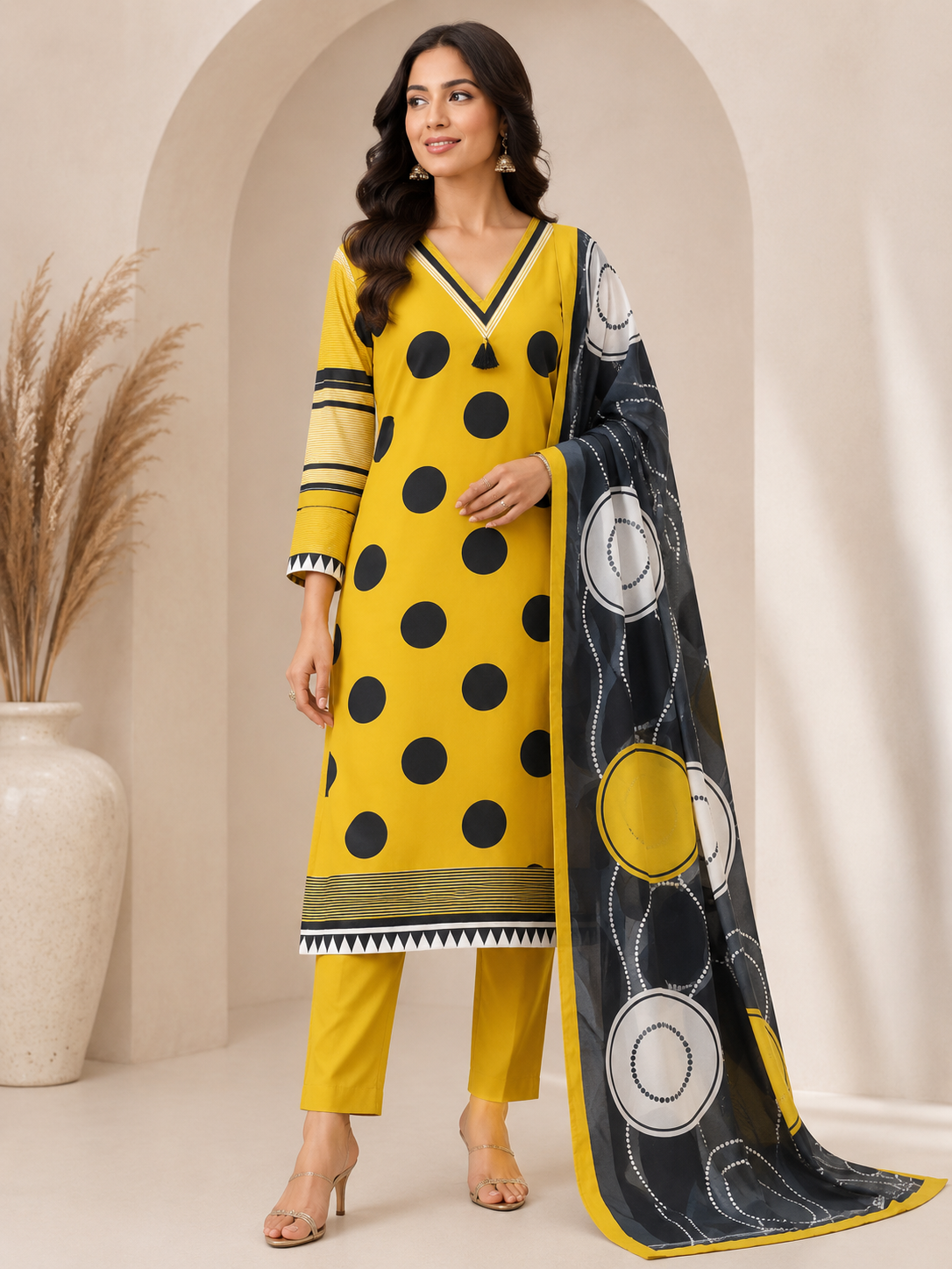 Women’s Mustard Yellow & Black Polka Dot Printed Rayon Kurta Set with Dupatta