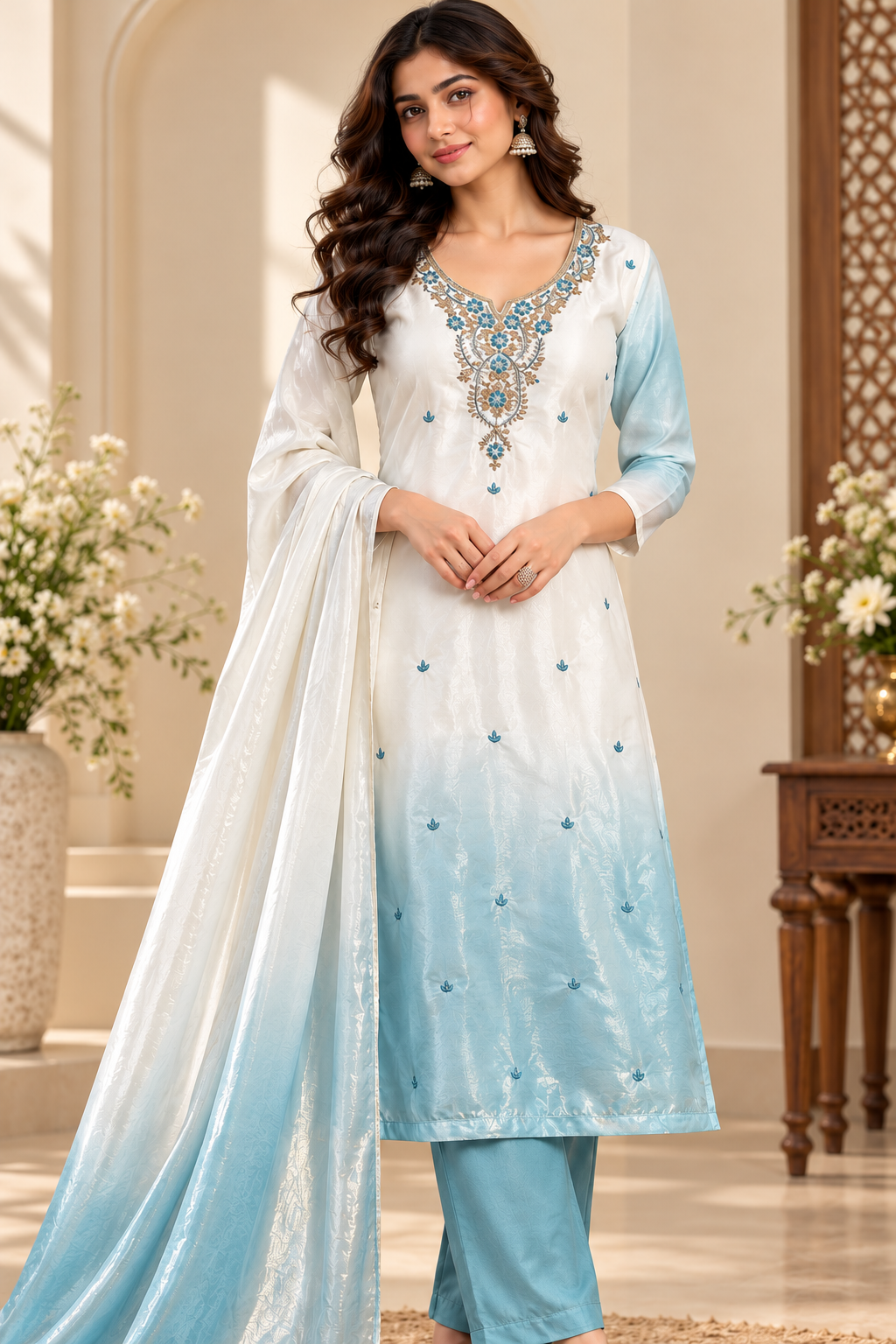 Women’s Off-White and Blue Embroidered Readymade Suit Set with Matching Pant & Dupatta | 3 Piece Ethnic Wear Set
