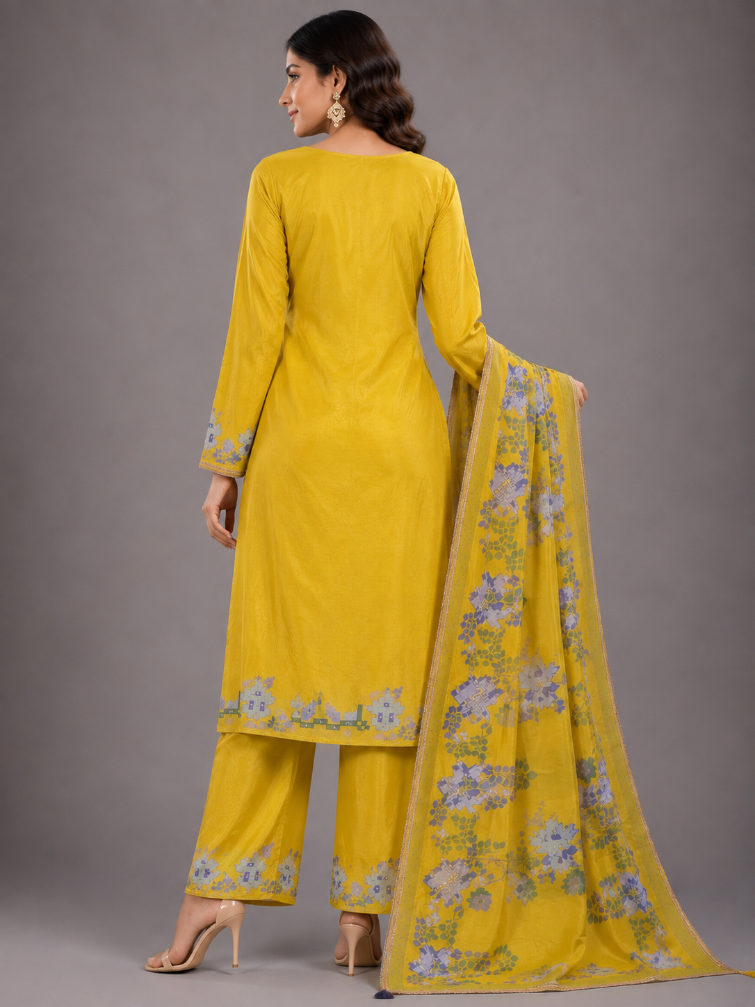 Women Mustard Yellow Thread Embroidered Unstitched Suit Set with Floral Border Detail & Matching Printed Dupatta