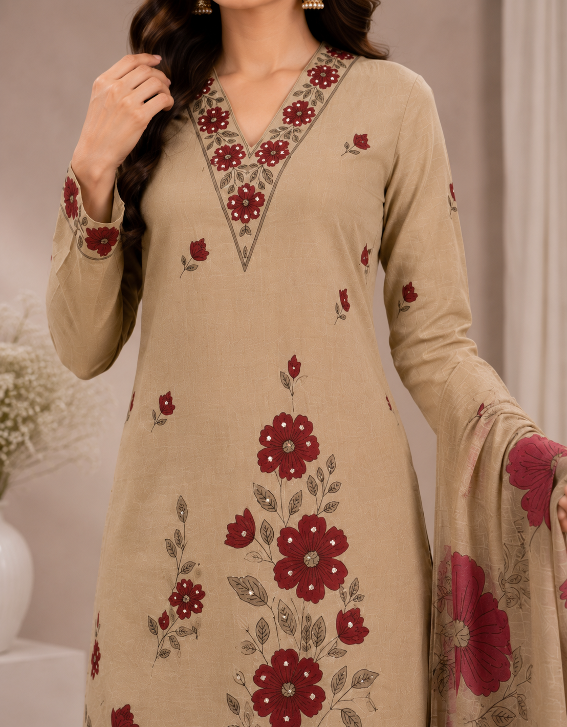 Women’s Beige Floral Printed Jam Satin Unstitched Suit Set with Embroidered Neck, Matching Bottom & Floral Dupatta