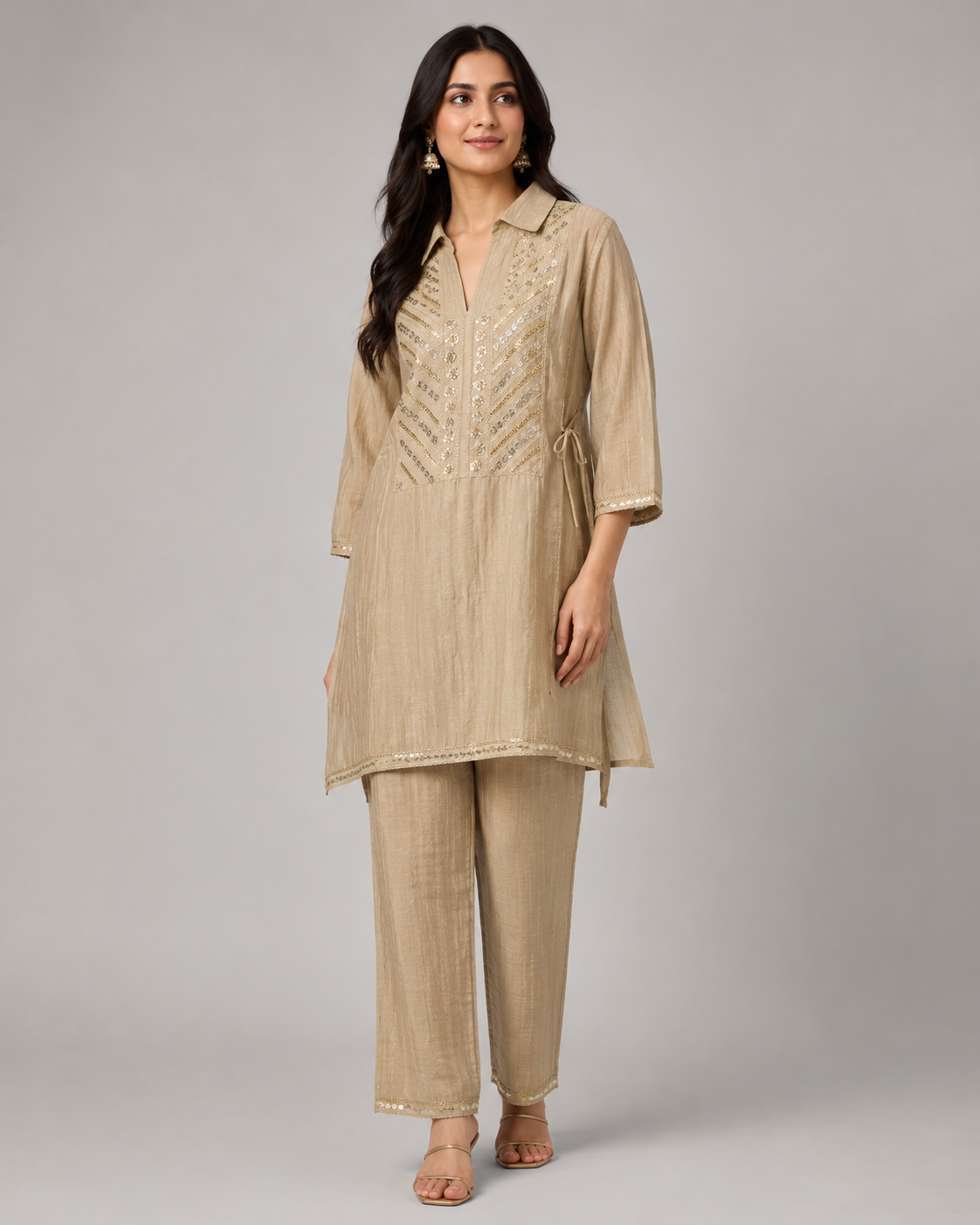Women’s Beige Embroidered Straight Kurta Pant Set in Salsa Fabric