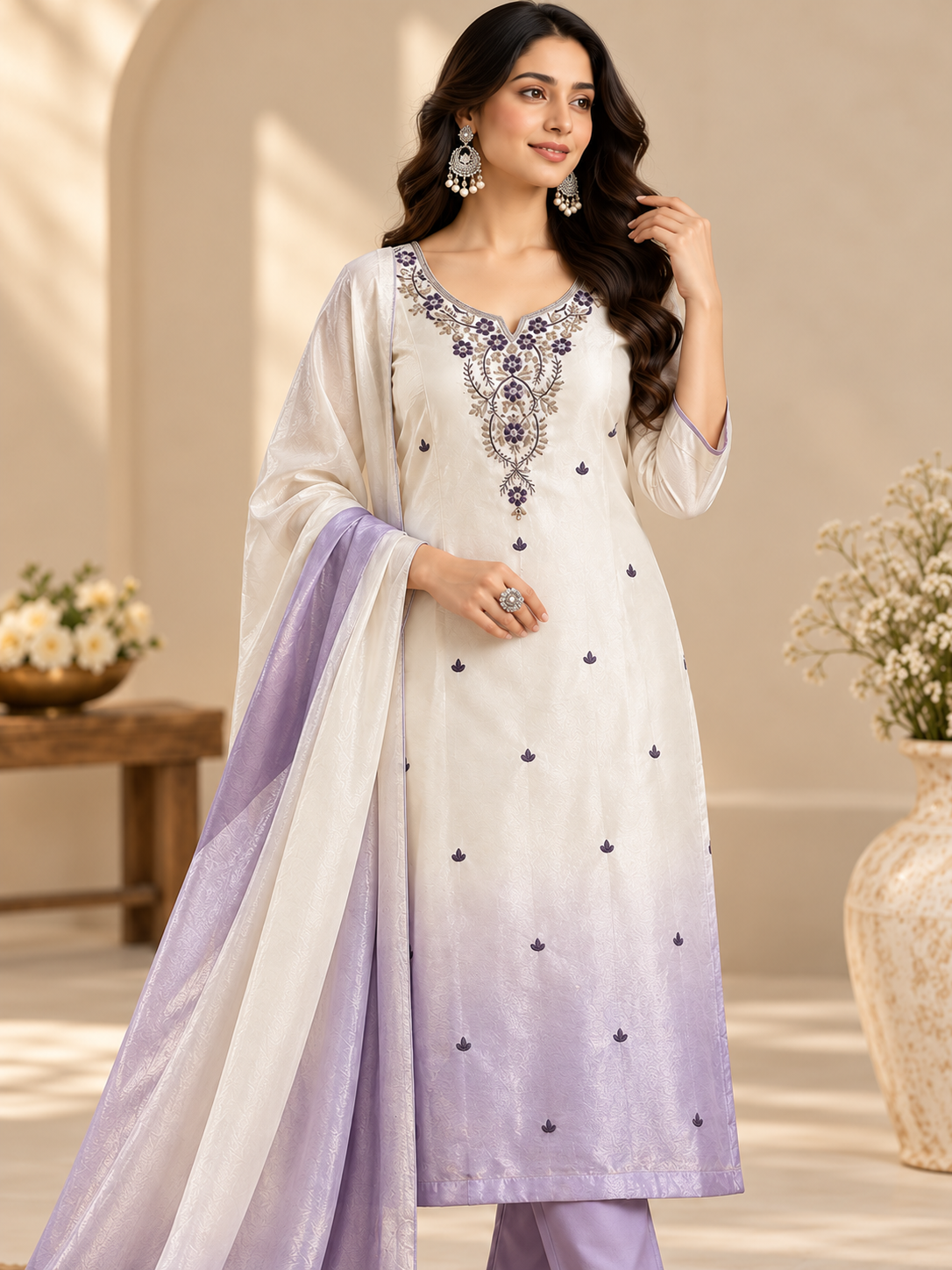 Women’s Off-White and Lavender Embroidered Readymade Suit Set with Matching Pant & Dupatta | 3 Piece Ethnic Wear Set
