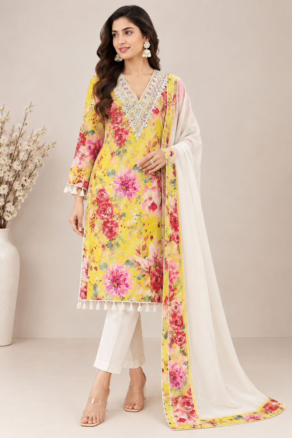 Women’s Yellow Floral Handwork Embroidered Cotton Kurta Set with Dupatta