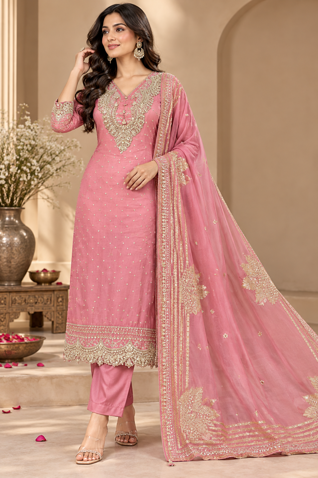 Dusty Pink Designer Unstitched Suit with Embroidered Dupatta | Elegant Ethnic Party Wear Suit