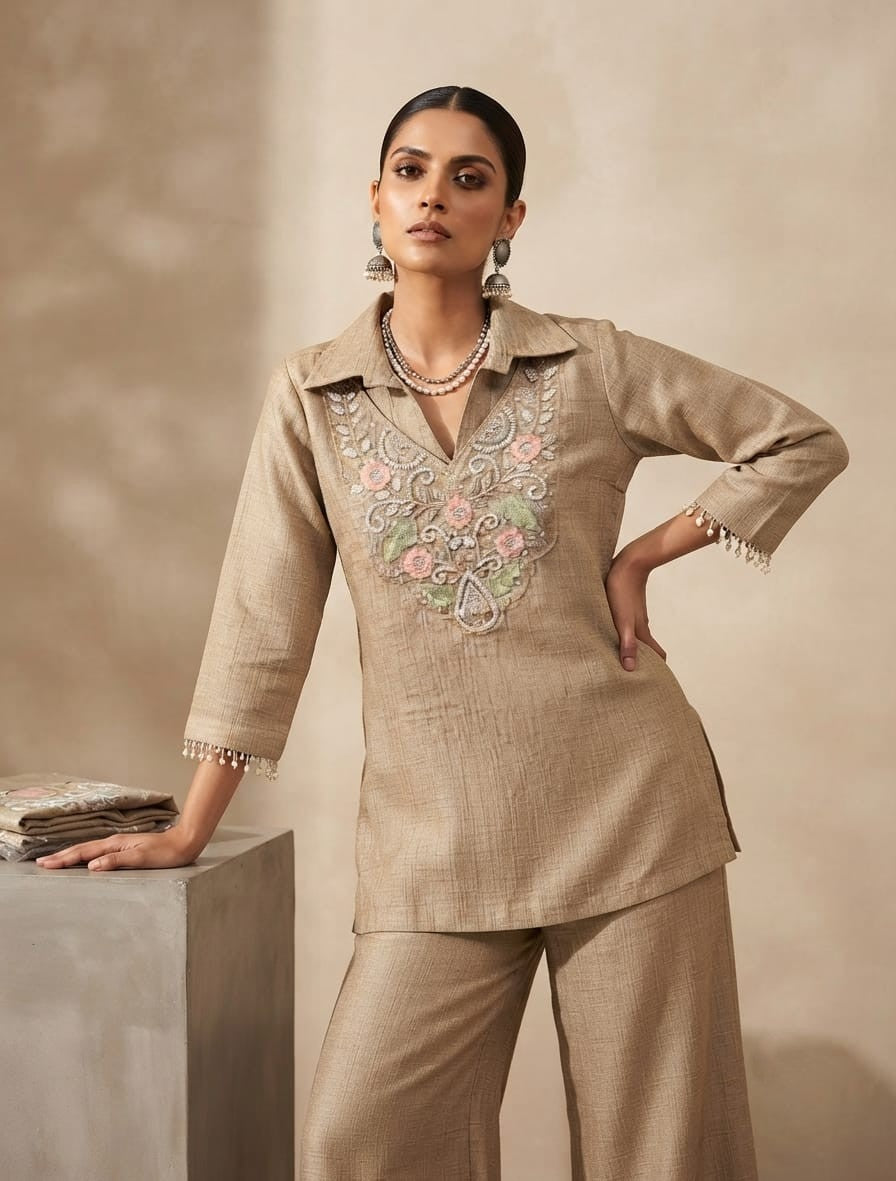 A woman stands against a warm beige textured backdrop wearing a matching beige two-piece outfit with a collared embroidered kurta and wide-leg trousers. The kurta has delicate floral embroidery around the neckline and three-quarter sleeves with ruffled cuffs.