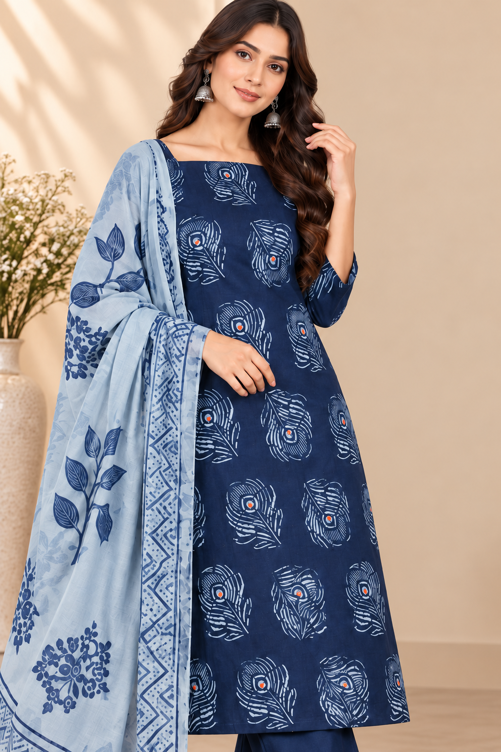 A woman models a navy blue salwar kameez set with a light blue printed dupatta. The kurta features a navy blue base with light blue floral block prints, paired with solid navy blue pants and a matching light blue dupatta with a detailed border.