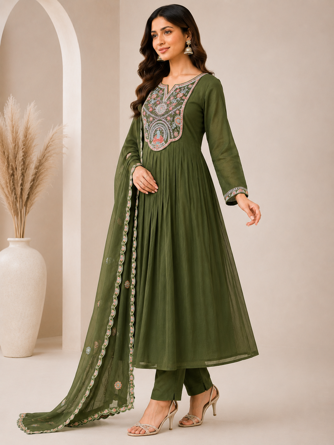 Women’s Olive Green Embroidered Mul Chanderi Alankari Kurta Set with Dupatta