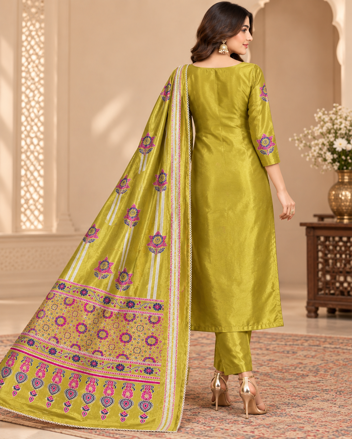 A woman models a traditional Indian salwar kameez suit in a warm beige interior setting. The set is a solid olive-yellow color with white stripes and pink and gold floral embroidery, including a matching embroidered dupatta.