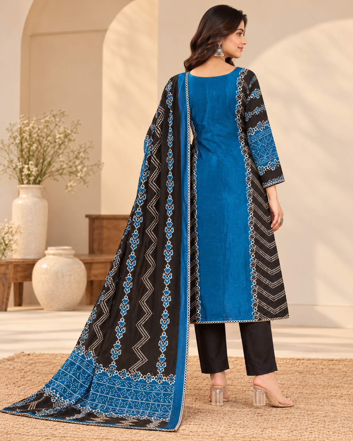 A woman modeling a traditional three-piece salwar kameez suit in a warm beige interior. The outfit features a black kurta with intricate blue and white geometric patterns, paired with black trousers and a matching blue dupatta.