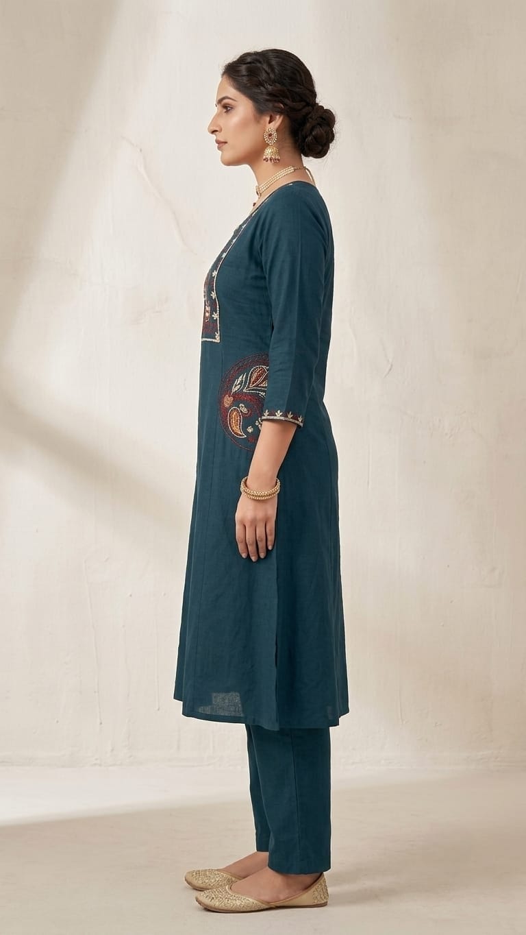 Designer Dabu Cotton Bottle Green Co-ord Set With Embroidery work