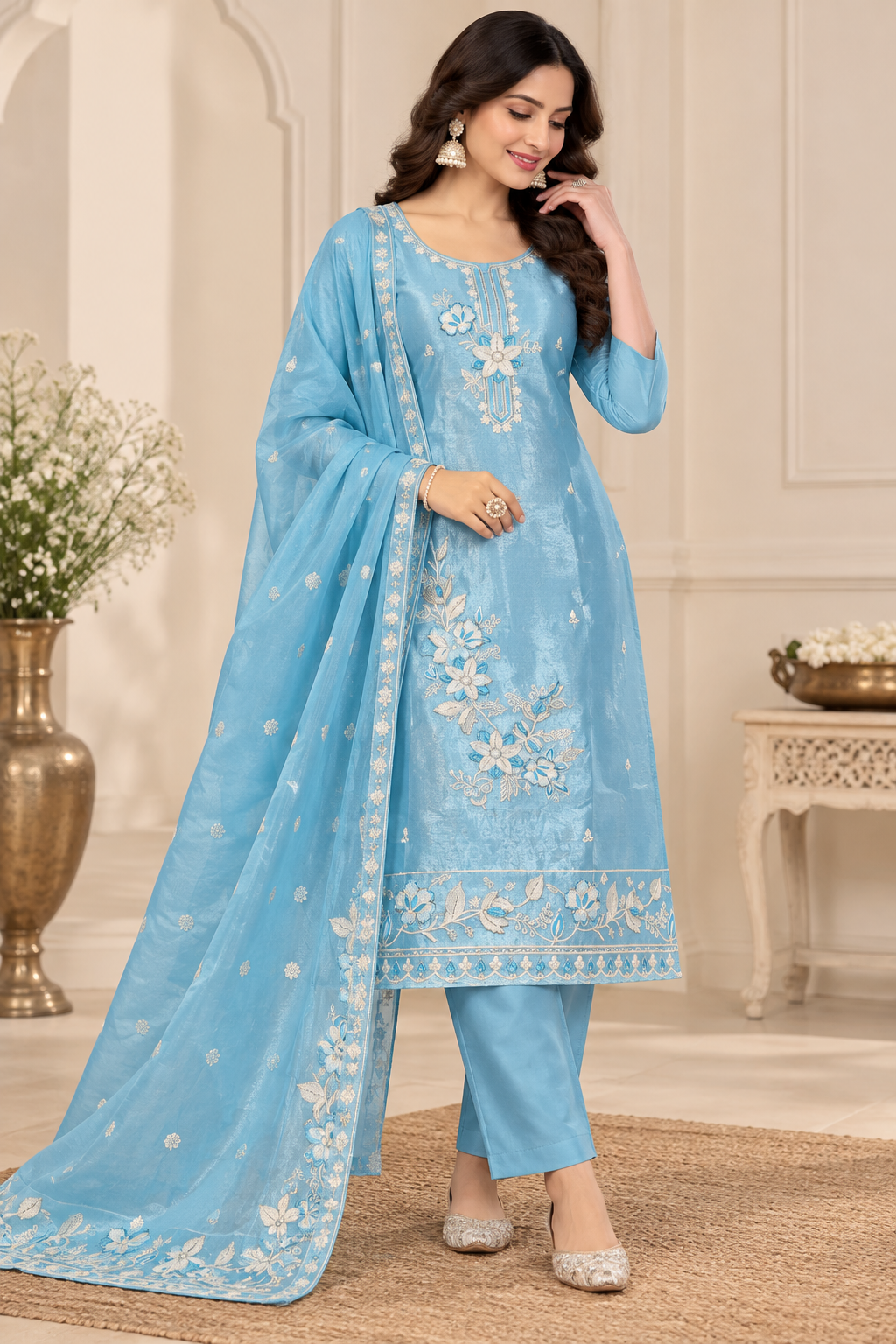 A woman models a light blue ethnic salwar kameez suit with white floral embroidery, consisting of a long kurta, matching trousers, and a draped dupatta, set against an elegant indoor background.