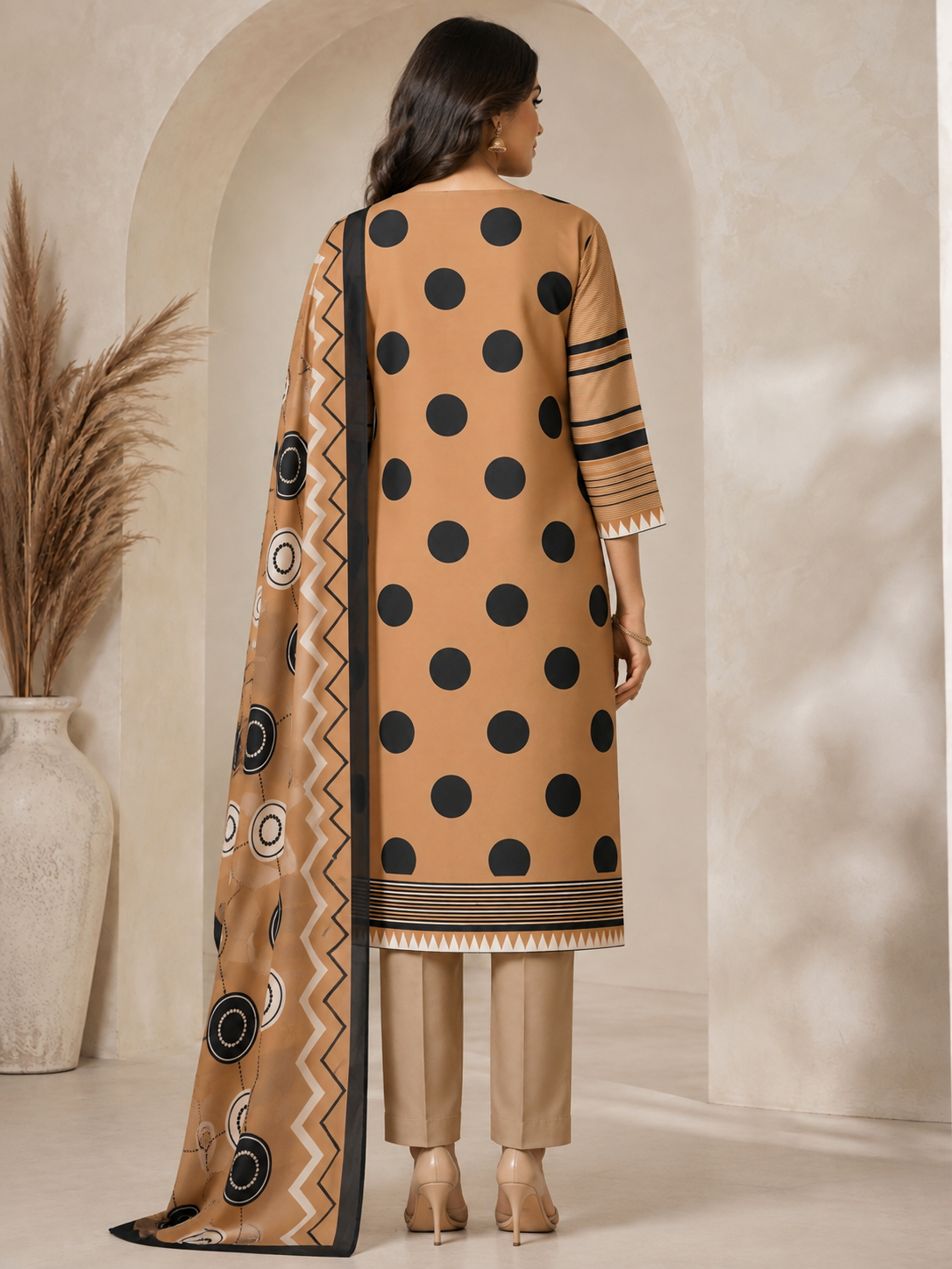 Women’s Brown & Black Polka Dot Printed Rayon Kurta Set with Printed Dupatta