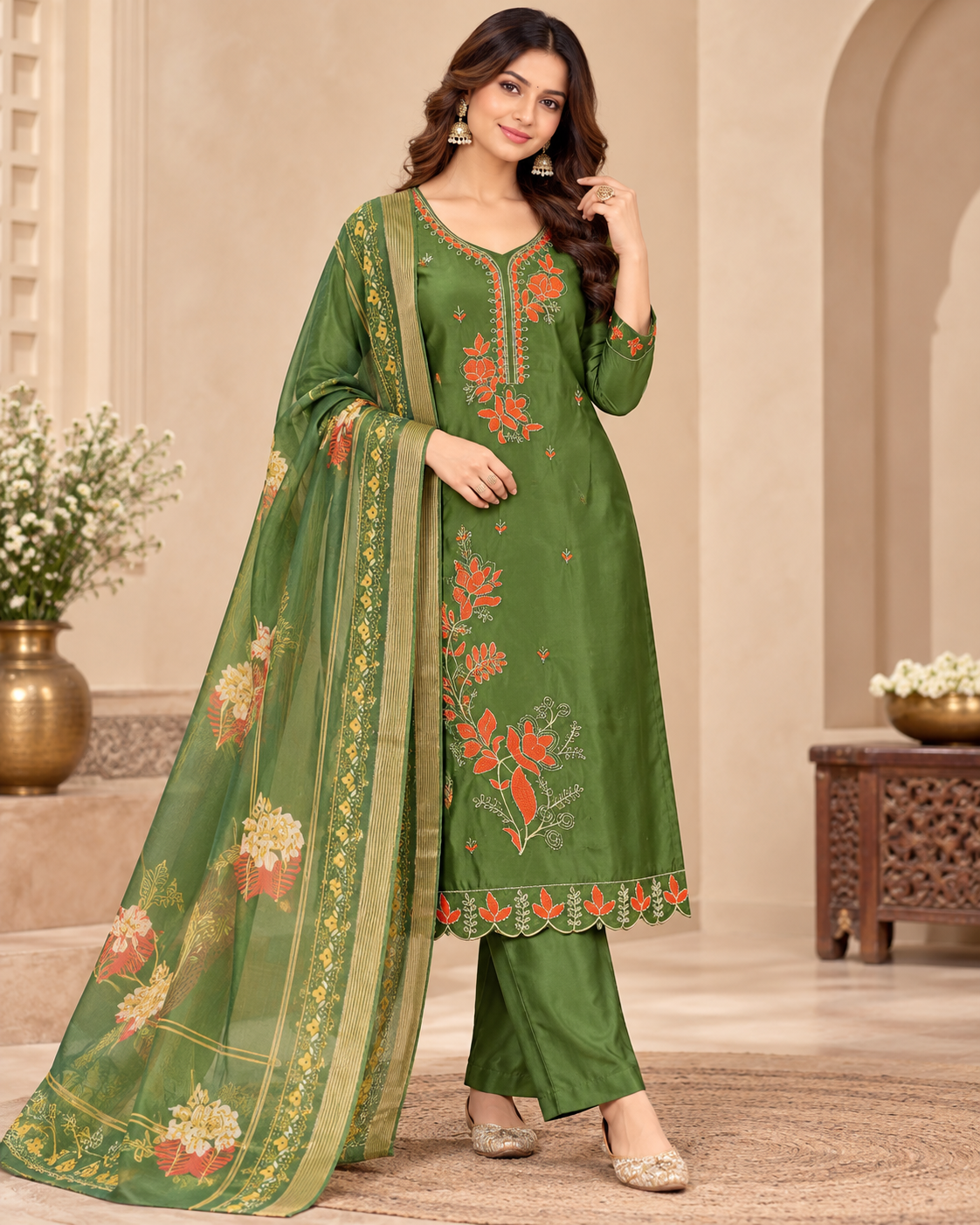 Women’s Olive Green Floral Embroidered Readymade Suit Set with Matching Pants & Printed Dupatta | 3 Piece Ethnic Wear Set for Festive and Party Wear