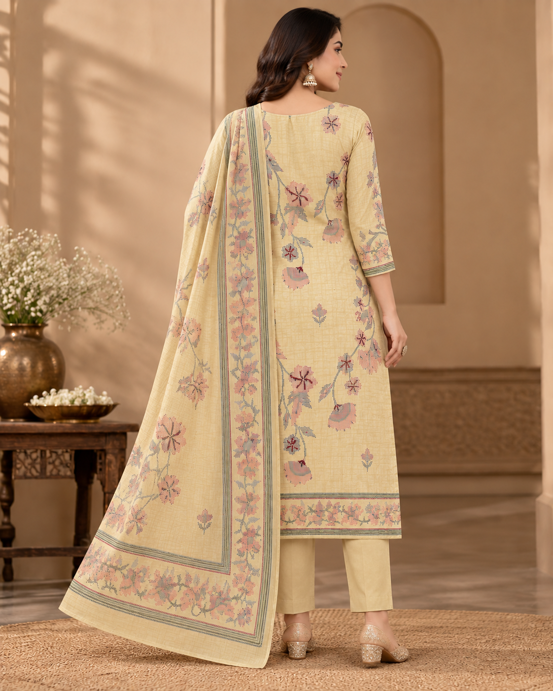 Women Yellow Embroidered 3-Piece Suit Set with Printed Kurta, Matching Pant & Solid Dupatta