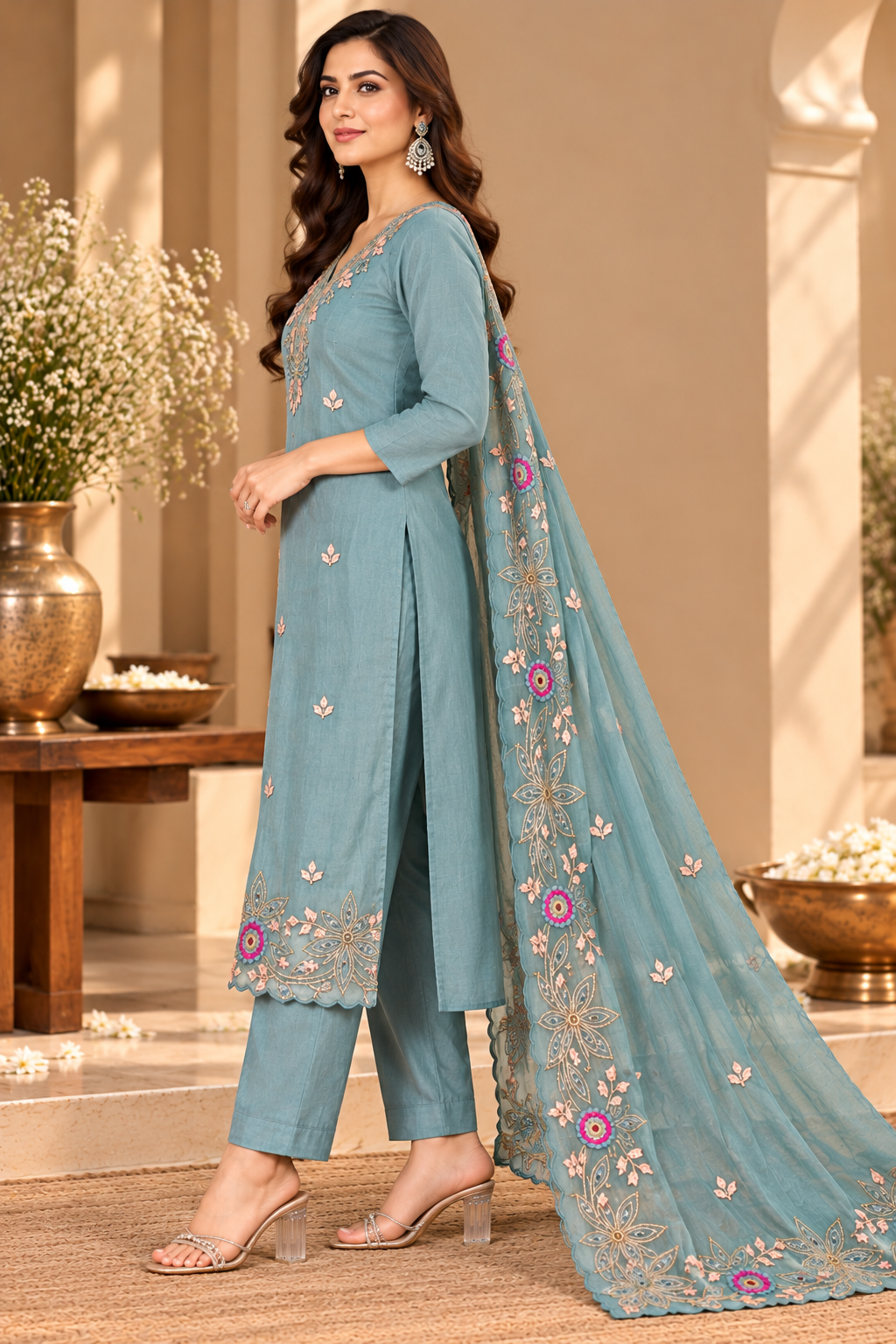 A woman models a light blue-green ethnic salwar kameez suit with intricate floral embroidery in gold, pink, and white, paired with matching trousers and a sheer dupatta, set against a warm beige architectural background.
