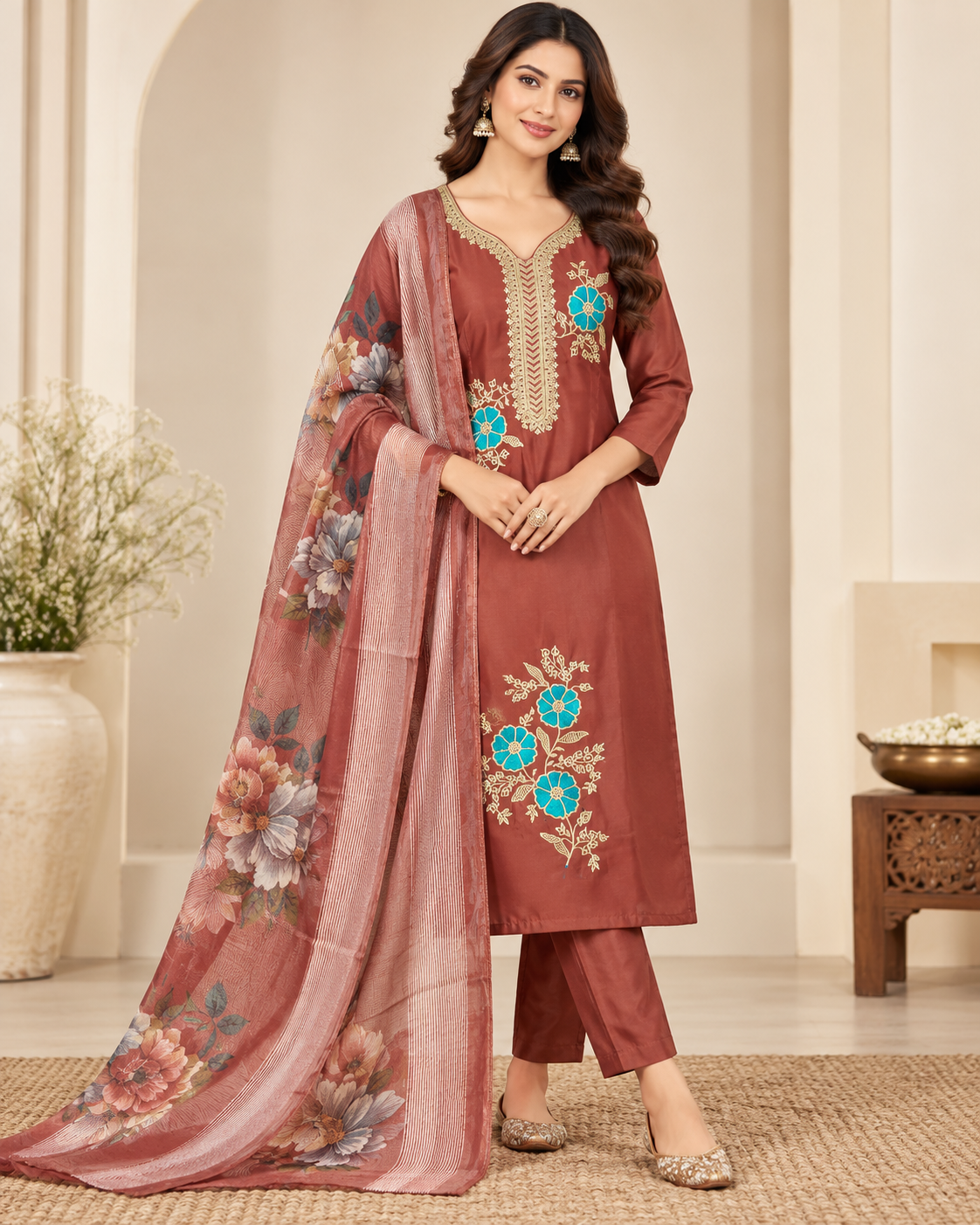 A woman models a traditional Indian salwar kameez suit set in a warm, neutral indoor setting. The set features a rust-brown kameez kurta with gold and turquoise embroidery, matching brown pants, and a sheer dusty-rose dupatta with a floral print.