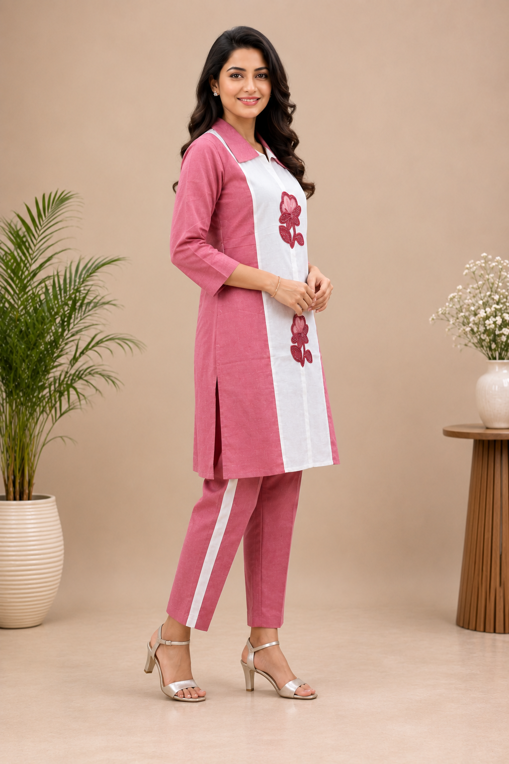 A woman modeling a pink and white kurta set with embroidered rose motifs on the front panel, standing in a styled indoor setting with plants and a side table.