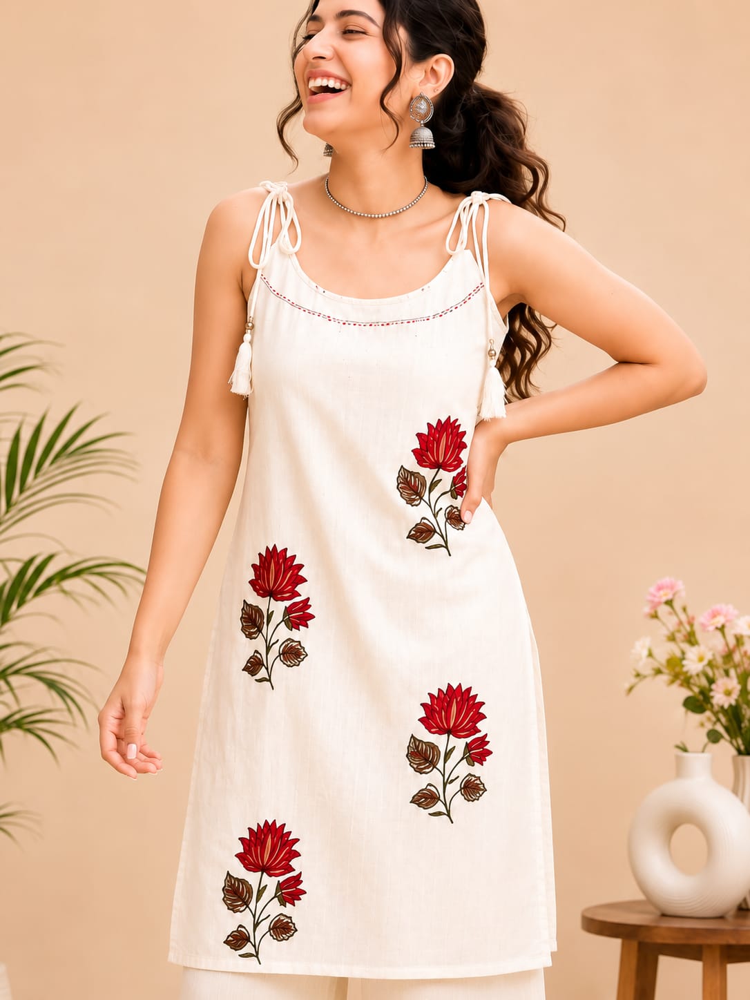 Red Floral Booty Ivery Cotton Co-ord Set For Women