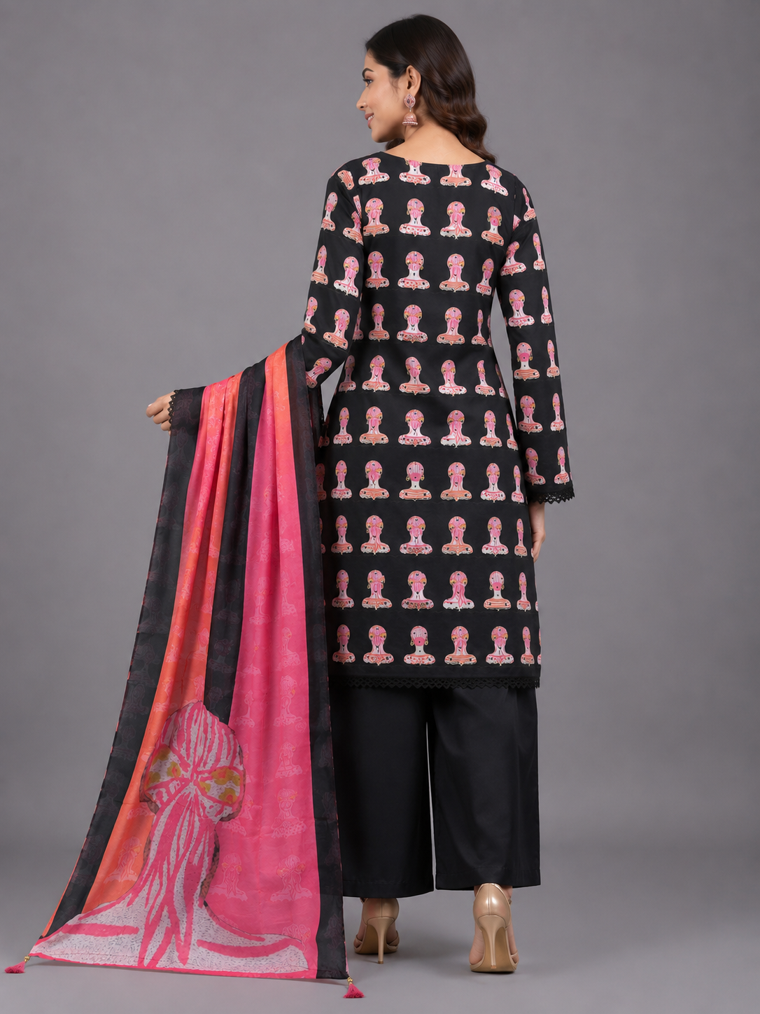 Black Novelty Figurative Printed Cotton Unstitched Kurta Dress Material with Peach & Pink Striped Dupatta