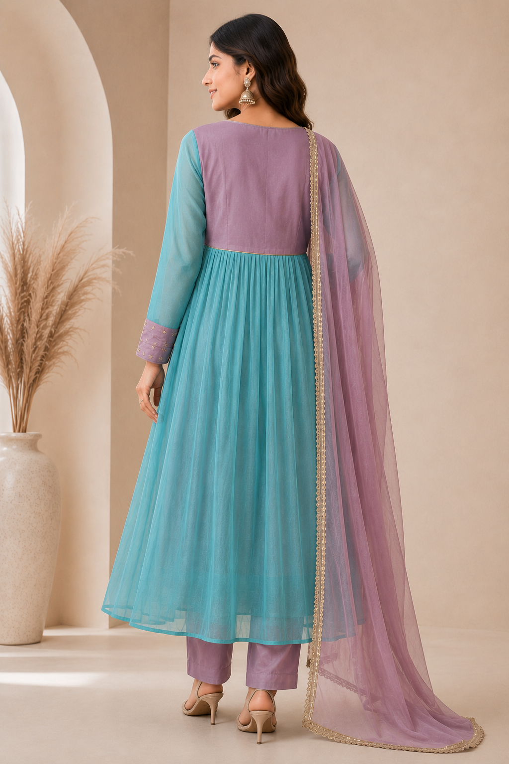 Women’s Purple & Turquoise Alankari Style Embroidered Mul Chanderi Kurta Set with Dupatta