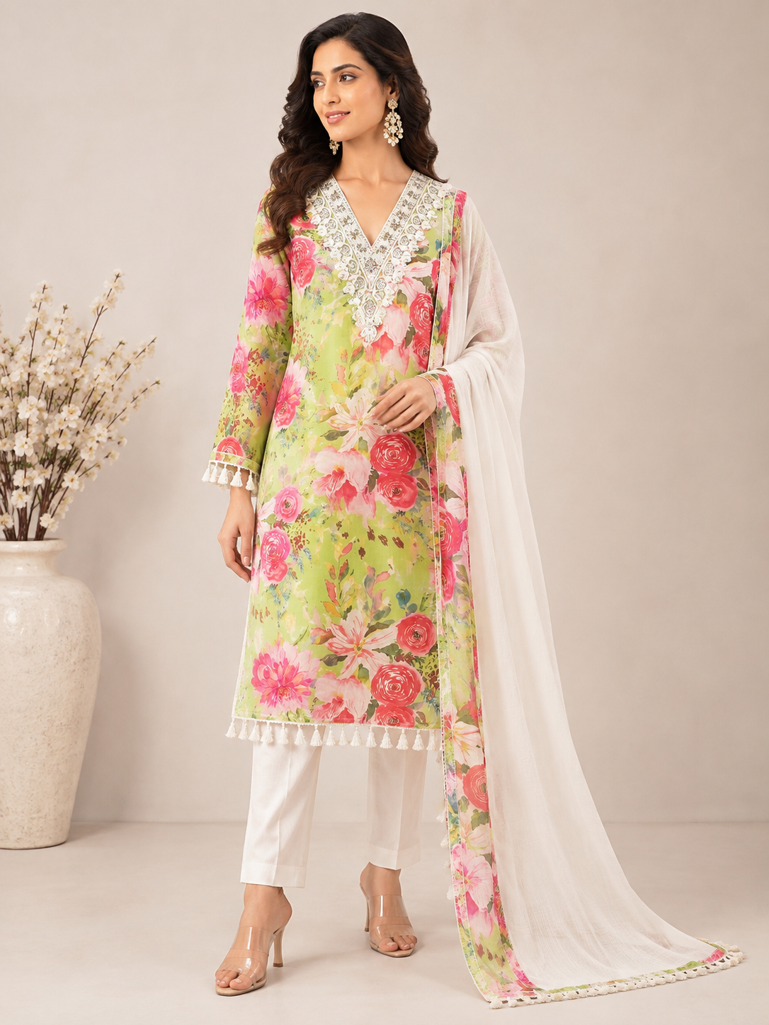 Women’s Lime Floral Handwork Embroidered Cotton Kurta Set with Dupatta