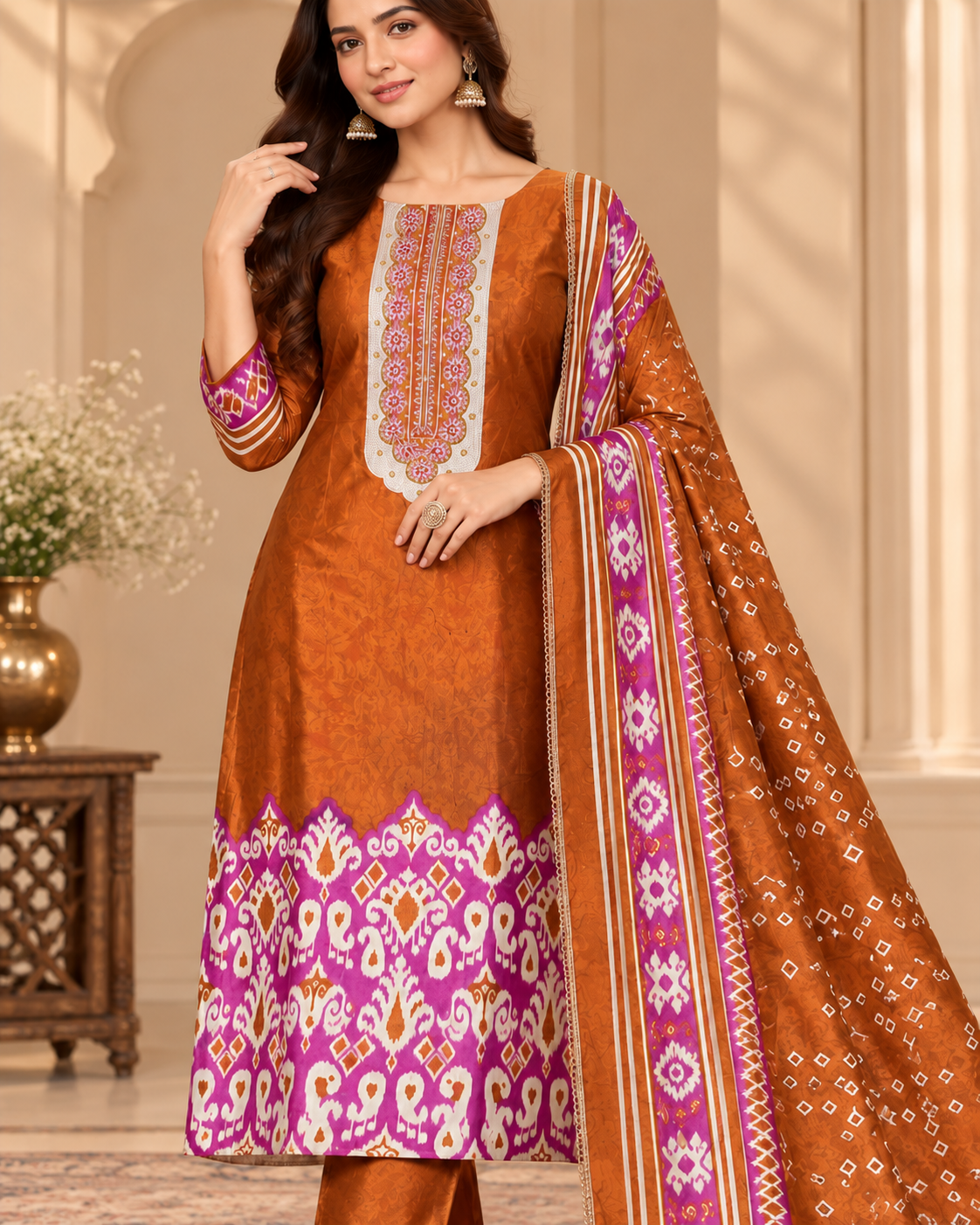 A woman models a traditional Indian salwar kameez suit set in a warm indoor setting. The set features a burnt orange kurta with a white and magenta embroidered yoke and border, matching orange trousers, and a coordinating orange dupatta with a magenta and white patterned border.
