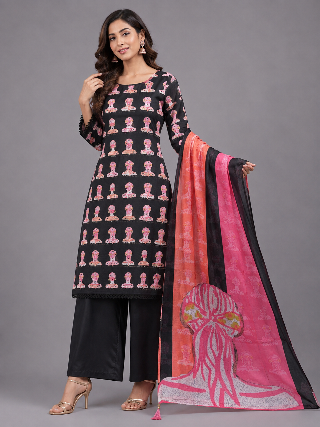 Black Novelty Figurative Printed Cotton Unstitched Kurta Dress Material with Peach & Pink Striped Dupatta