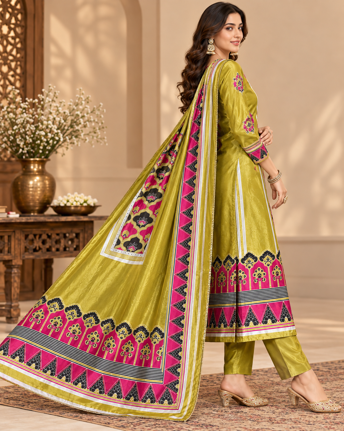 Olive Green & Pink Geometric Printed Unstitched 3-Piece Suit Set with Designer Dupatta