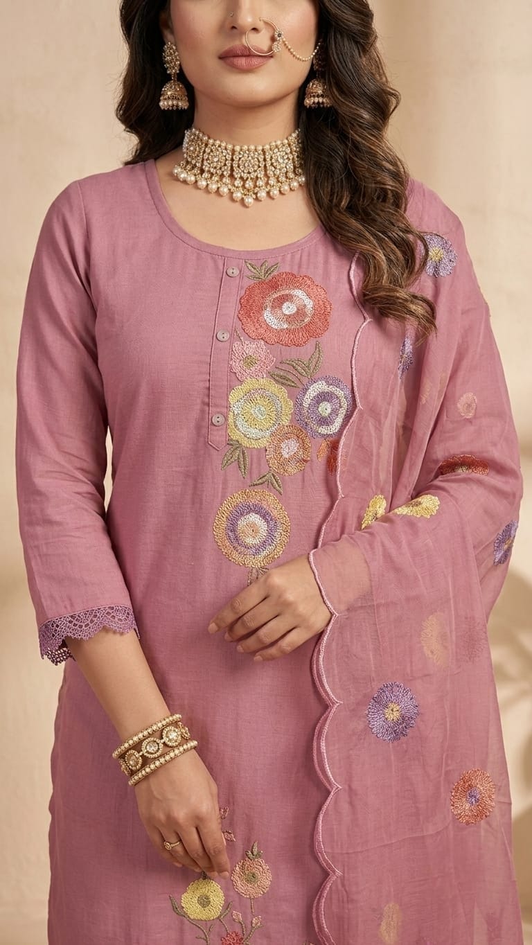 A woman models a pink ethnic salwar kameez suit with floral embroidery and a matching dupatta, set against a warm beige background with soft shadow details.