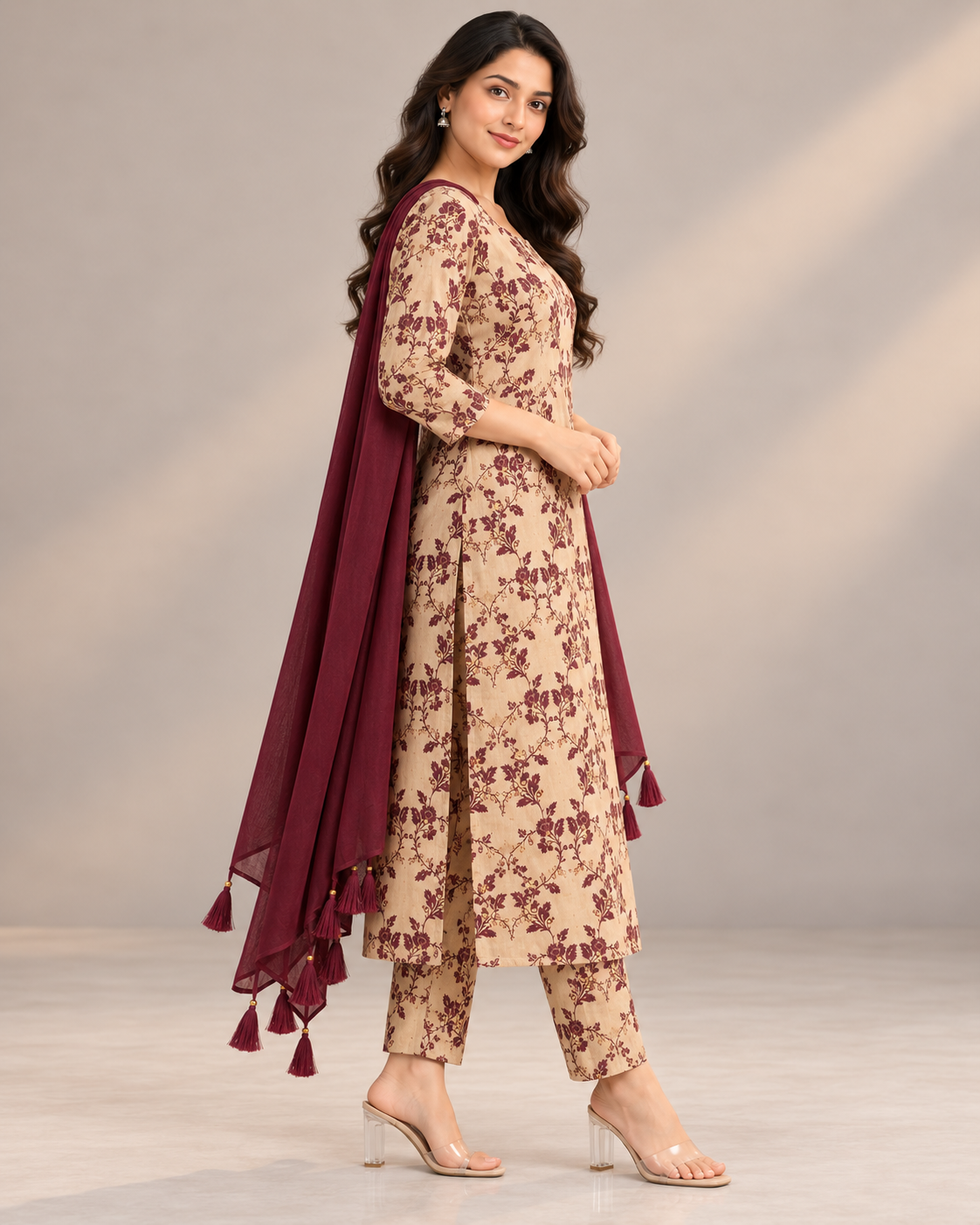 A woman modeling a beige and maroon floral printed salwar kameez suit with a matching maroon dupatta, shown from the back against a neutral studio backdrop.
