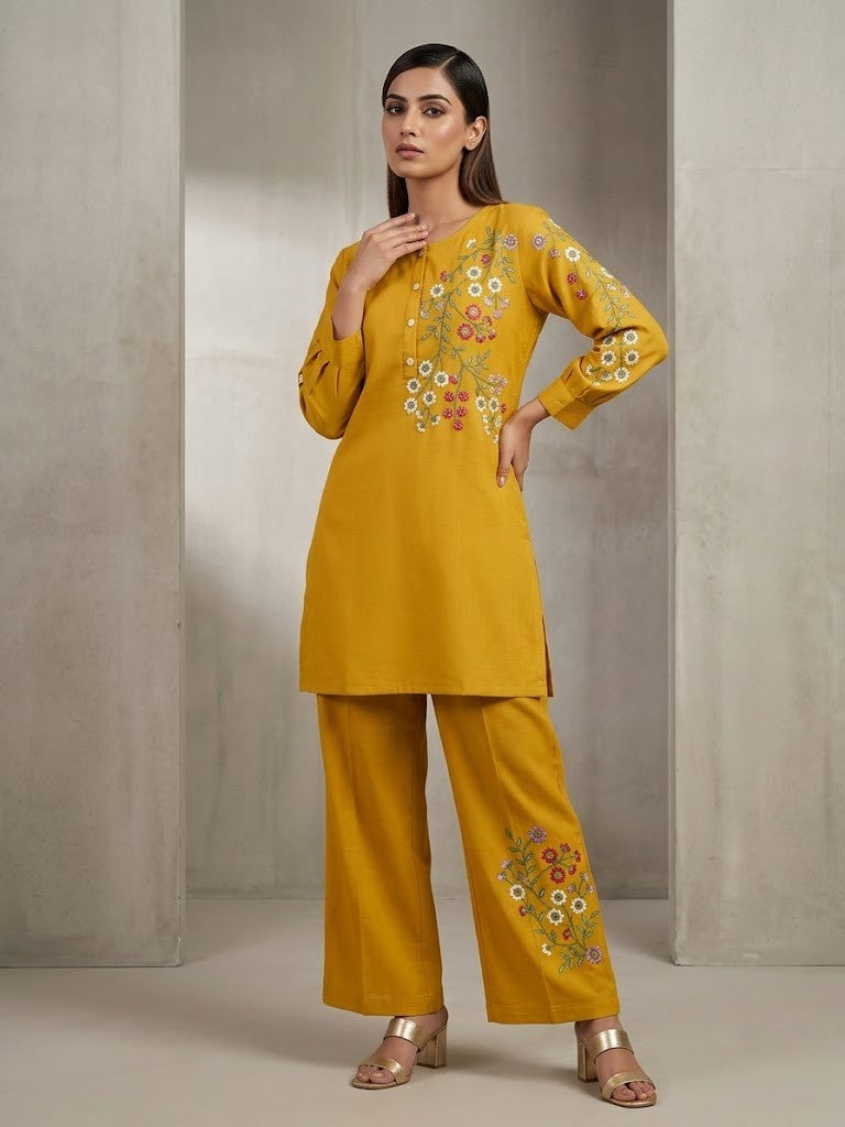 A woman modeling a mustard yellow two-piece kurta and trouser set with colorful floral embroidery on the sleeves and lower pant leg, standing in a minimalist concrete-walled studio.
