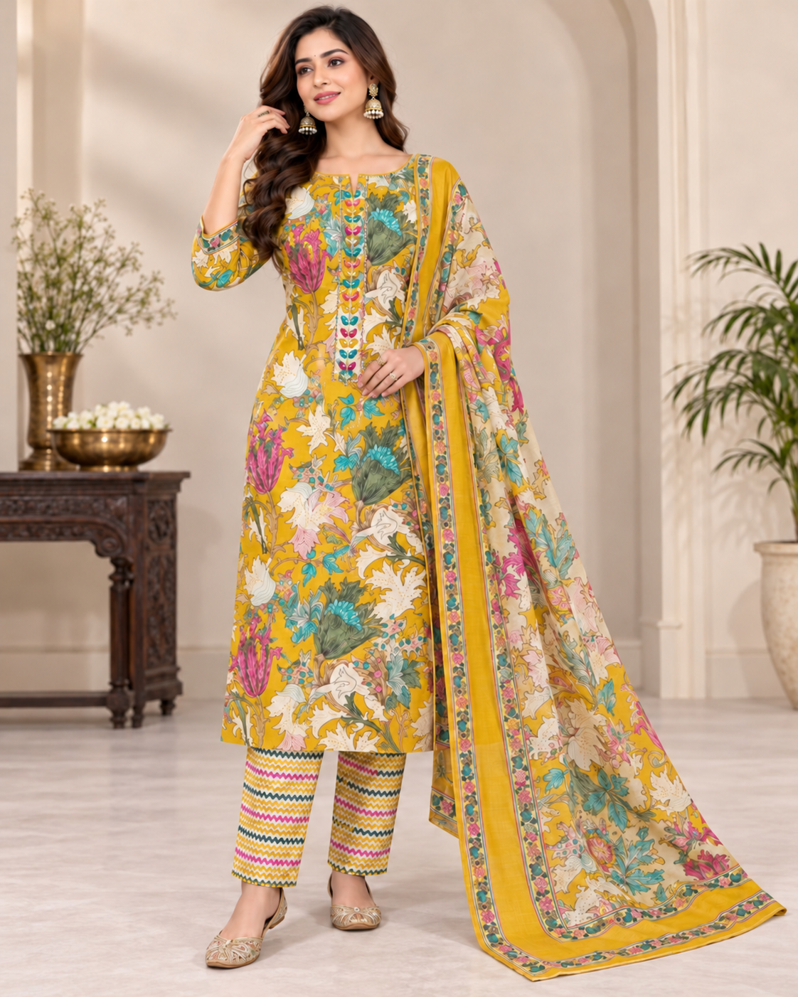Women’s Mustard Yellow Floral Printed Unstitched Suit Set with Matching Printed Bottom Fabric and Dupatta | 3 Piece Ethnic Dress Material for Women