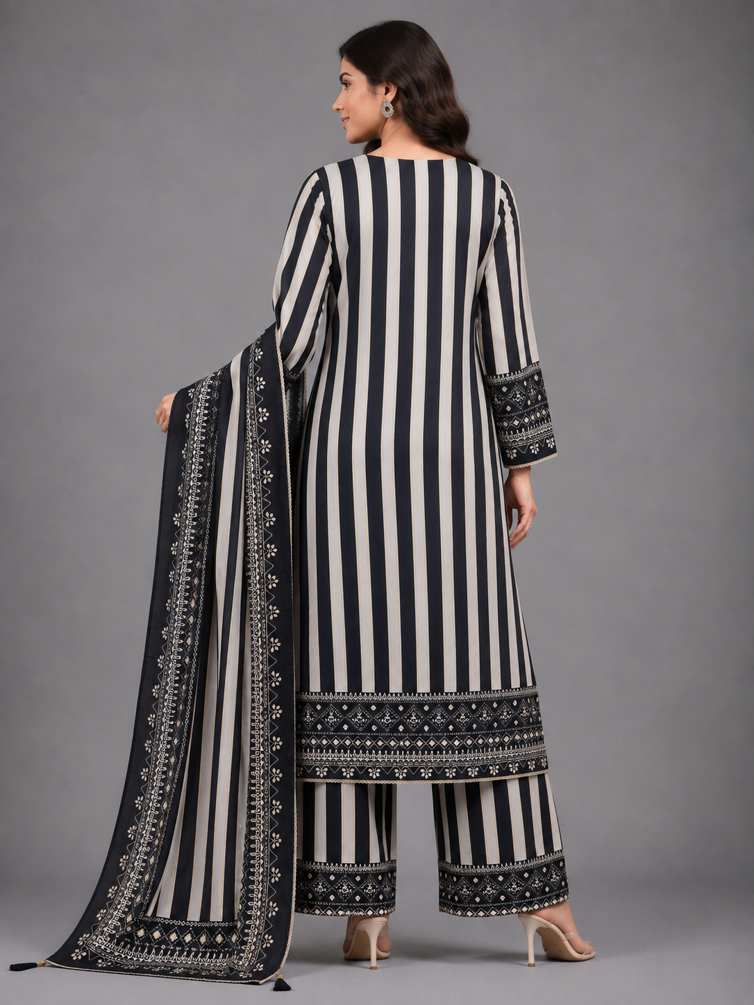 Women Black & Off-White Striped Embroidered Unstitched Suit Set with Matching Dupatta