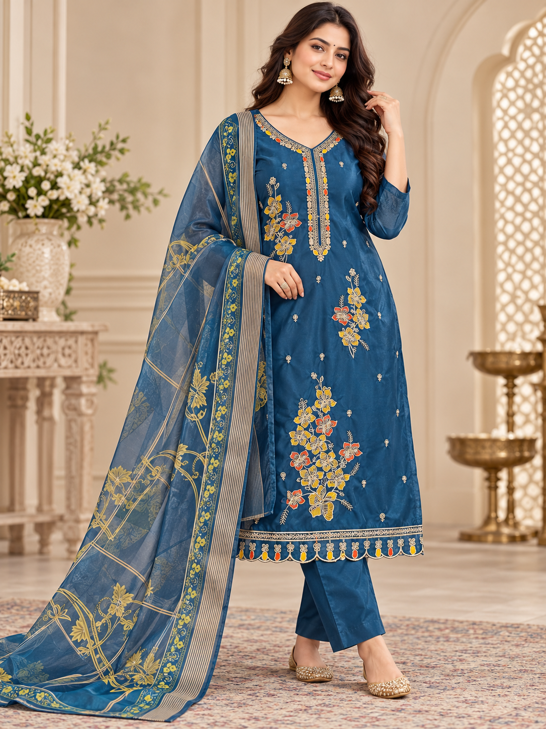 A woman models a traditional Indian salwar kameez suit in blue with gold and multicolor floral embroidery, featuring a matching sheer blue dupatta with gold borders, set against an ornate indoor background.