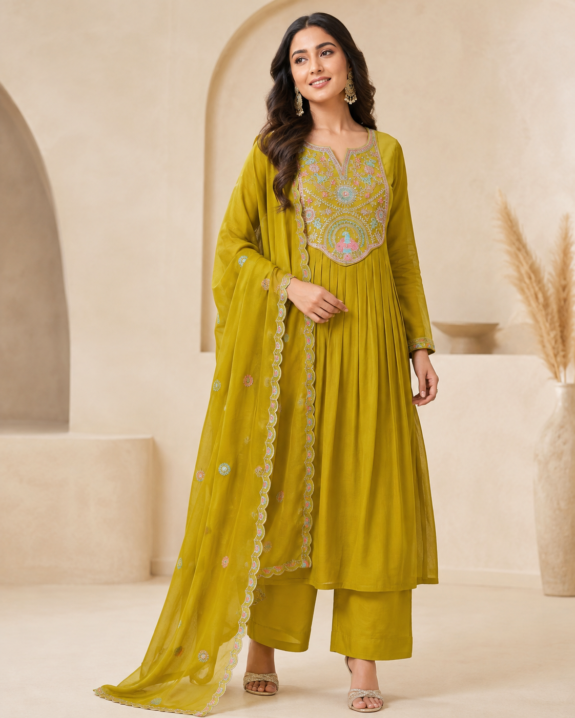 Women’s Mustard Yellow Embroidered Mul Chanderi Alankari Kurta Set with Dupatta